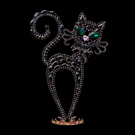 Rhinestones cat decoration handmade from black glimmering crystals.