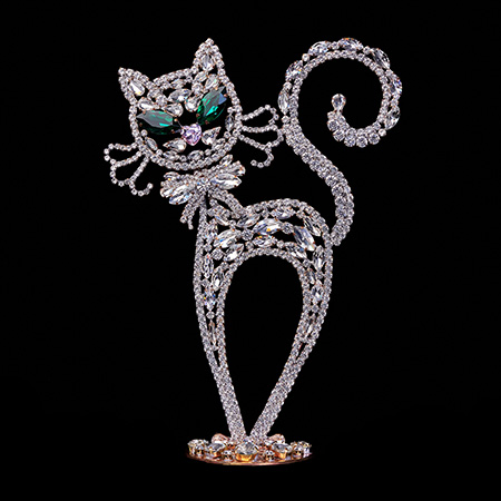 Rhinestones cat decoration handmade from clear glimmering crystals.