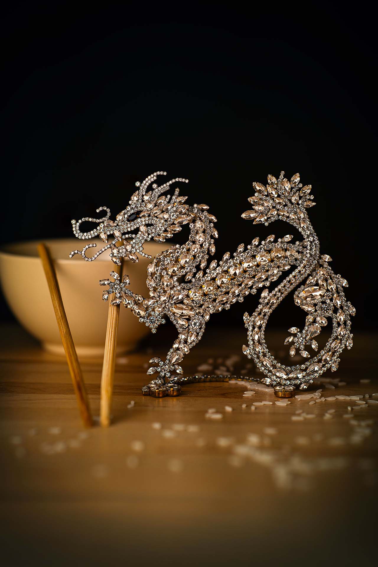 The Chinese dragon decoration  made from clear rhinestones