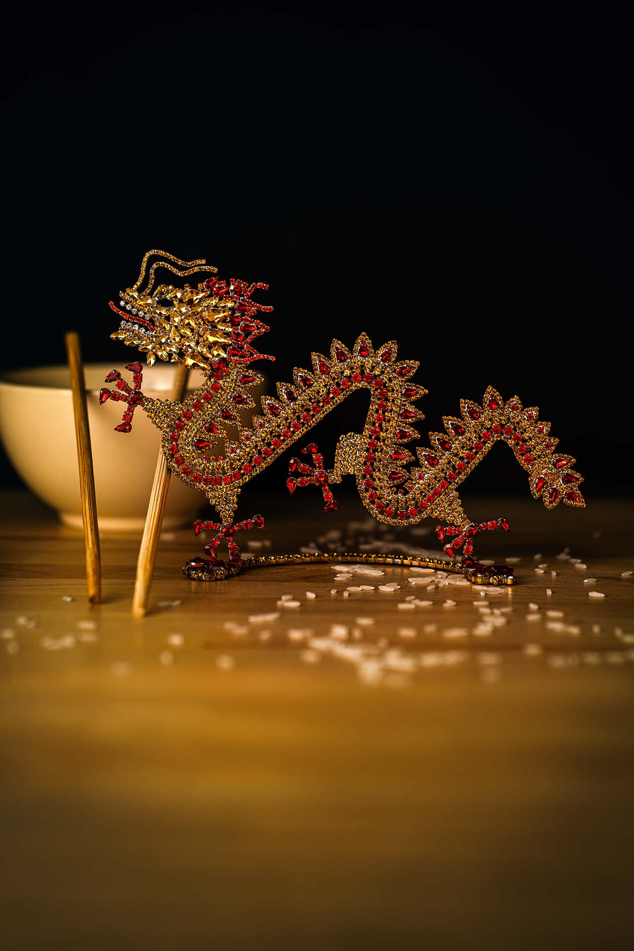 Red and gold dragon ornament from rhinestones