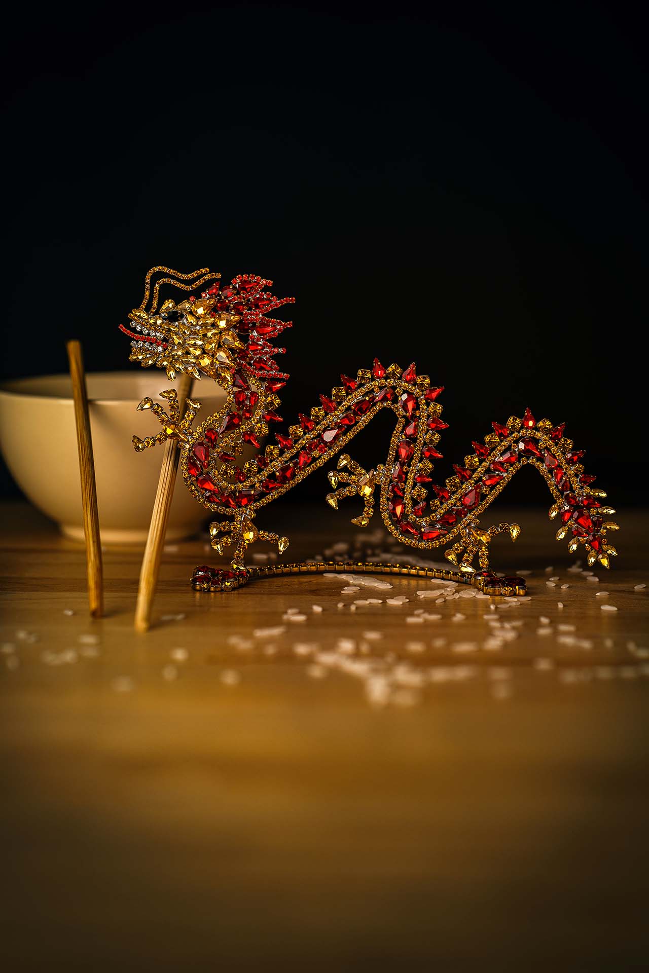Rhinestone chinese dragon decoration. Red and gold crystals