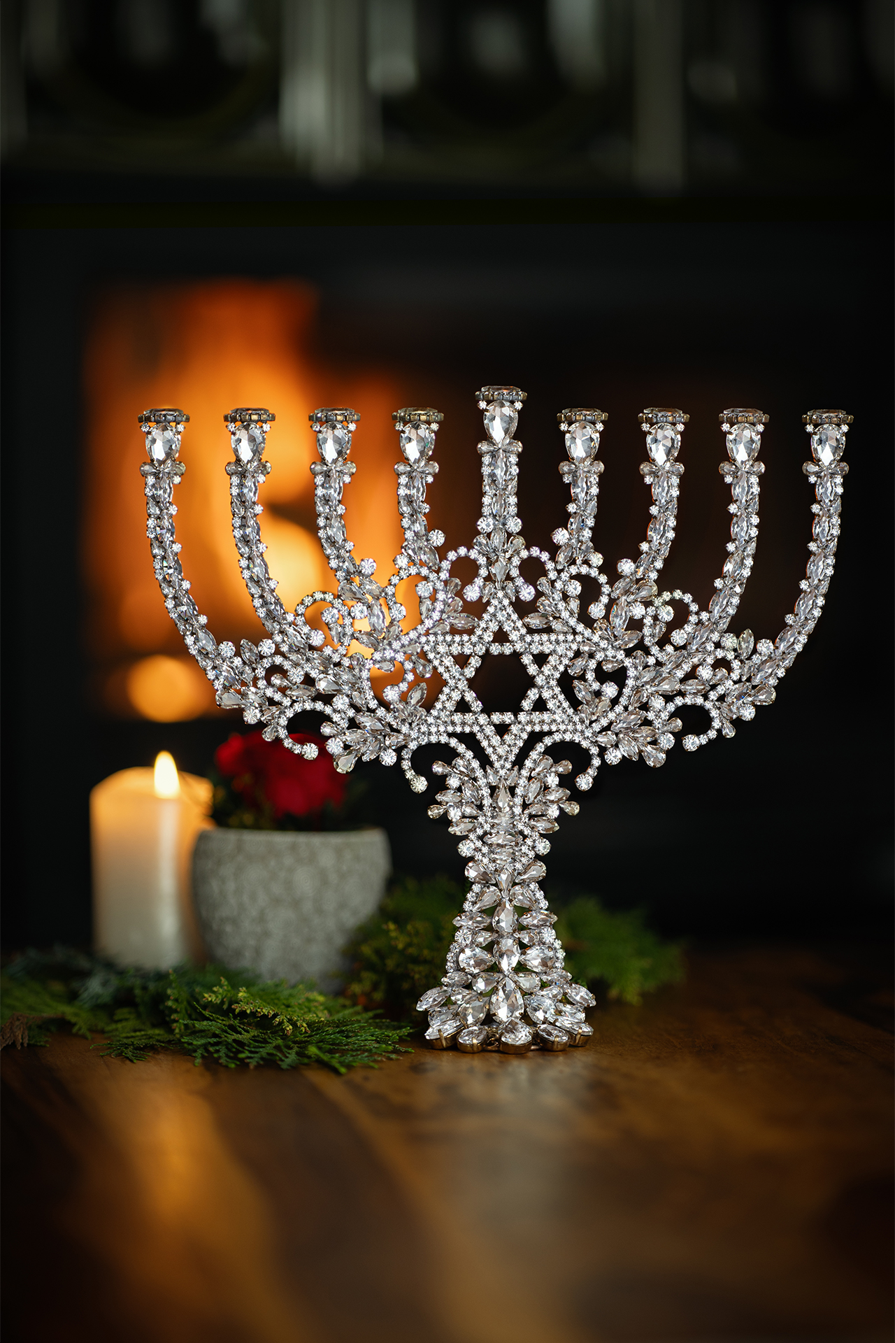Handmade 9 arm menorah from crystal clear rhinestones