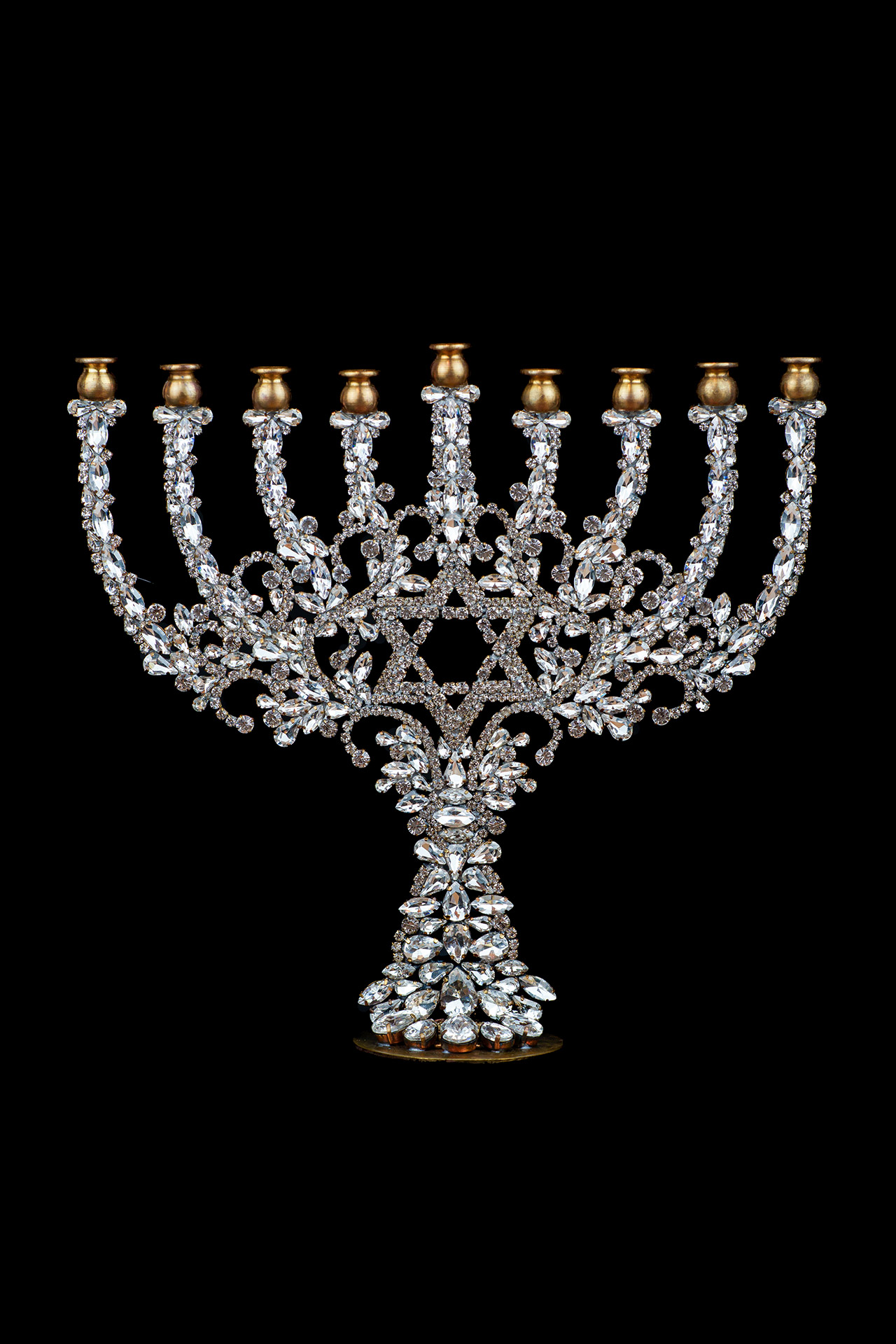 Rhinestone 9 Branch Menorah Candle Holder – Single-Sided 9 arm rhinestone menorah candle stand with crystal sparkle