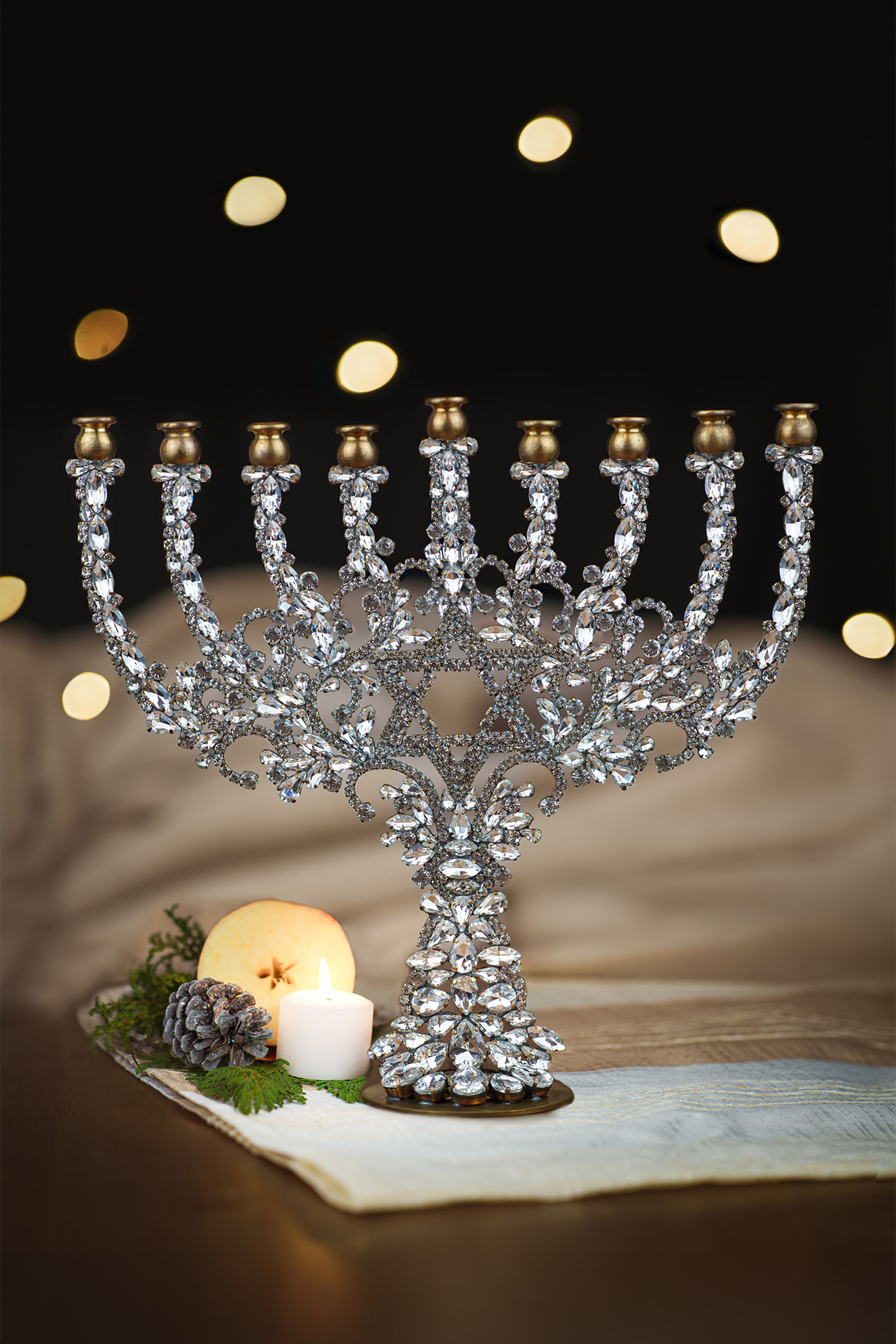 Rhinestone 9 Branch Menorah Candle Holder – Single-Sided 9 arm rhinestone menorah candle stand with crystal sparkle