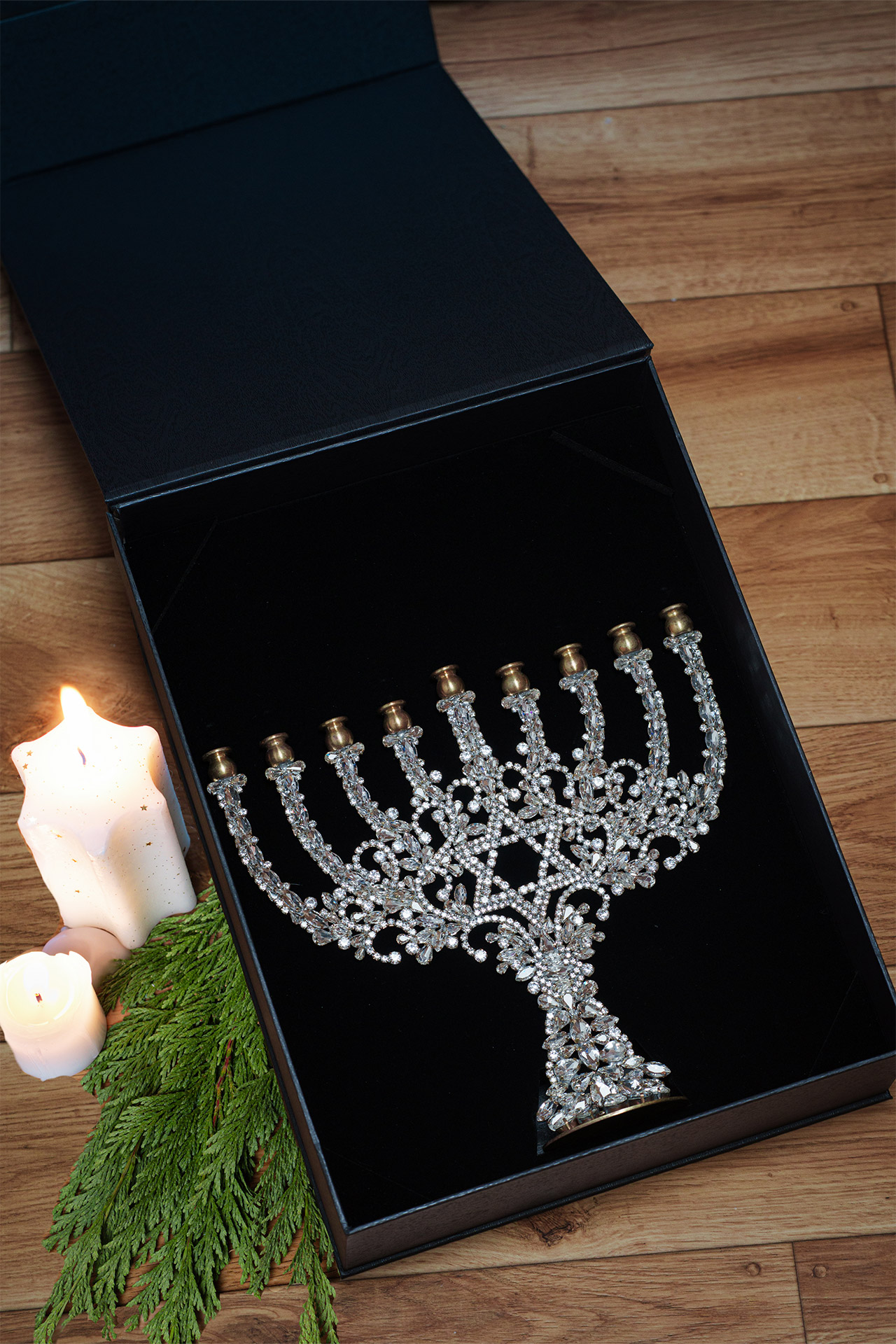 Rhinestone 9 Branch Menorah Candle Holder – Single-Sided 9 arm rhinestone menorah candle stand with crystal sparkle