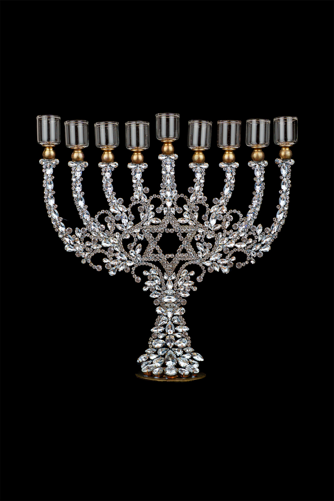 Rhinestone 9 Branch Oil Cup Menorah – Single-Sided 9 branch rhinestone menorah oil cups and crystal sparkle