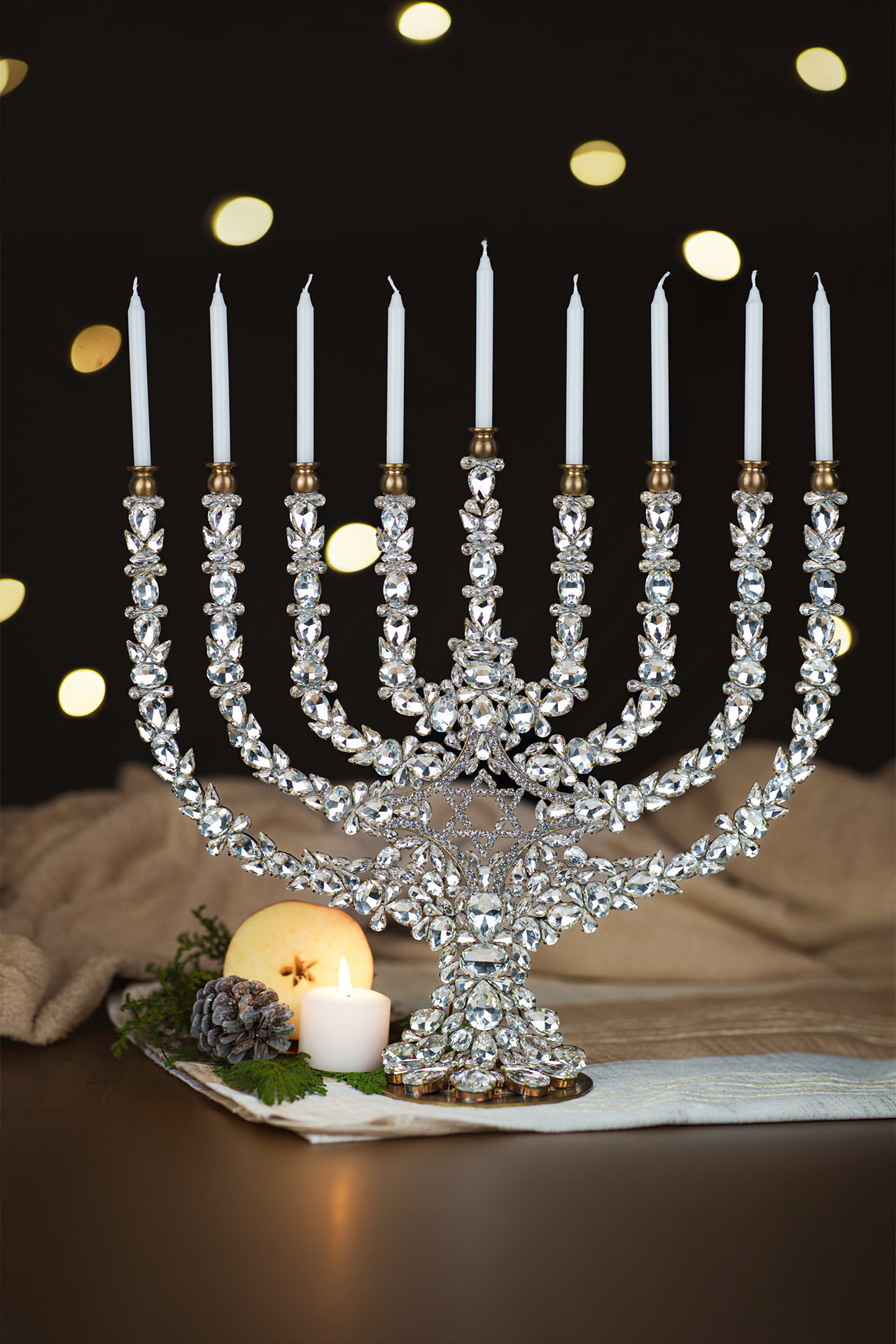 Rhinestone 9 Branch Menorah Candle Stand – Single-Sided Rhinestone 9 branch menorah candle stand for luxury decor