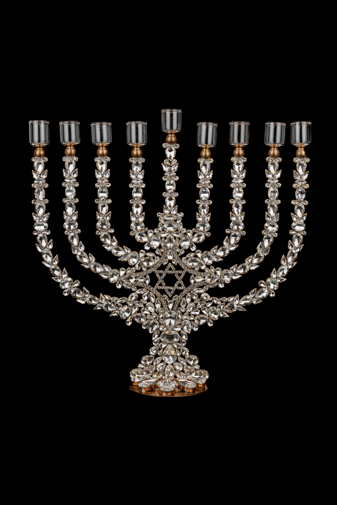 9 Branch Rhinestone Menorah with Glass Oil Cups – Single-Sided Rhinestone menorah oil glass cups and crystal sparkle