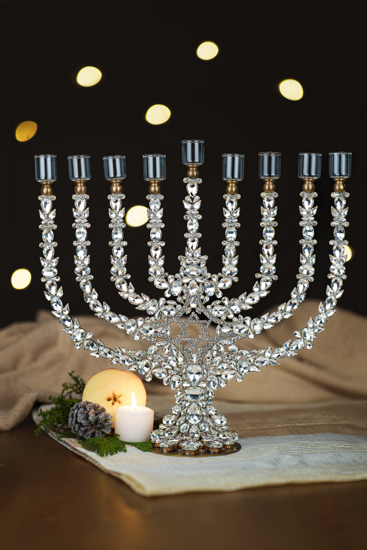 9 Branch Rhinestone Menorah with Glass Oil Cups – Single-Sided Rhinestone menorah oil glass cups and crystal sparkle