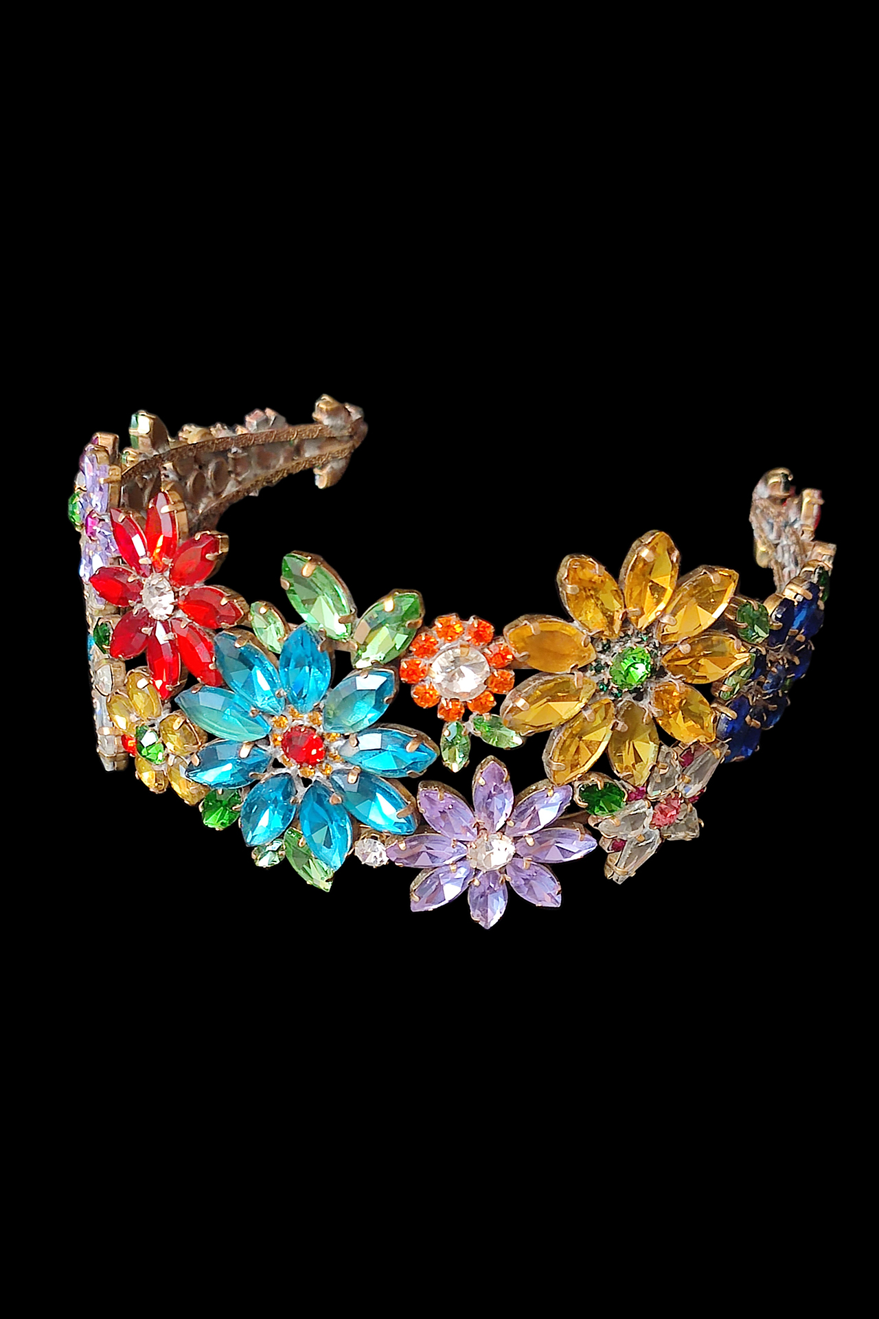 Handcrafted "True Love" headband with vibrant rhinestone floral design. True Love headband: Colorful rhinestone flowers by R. Matous