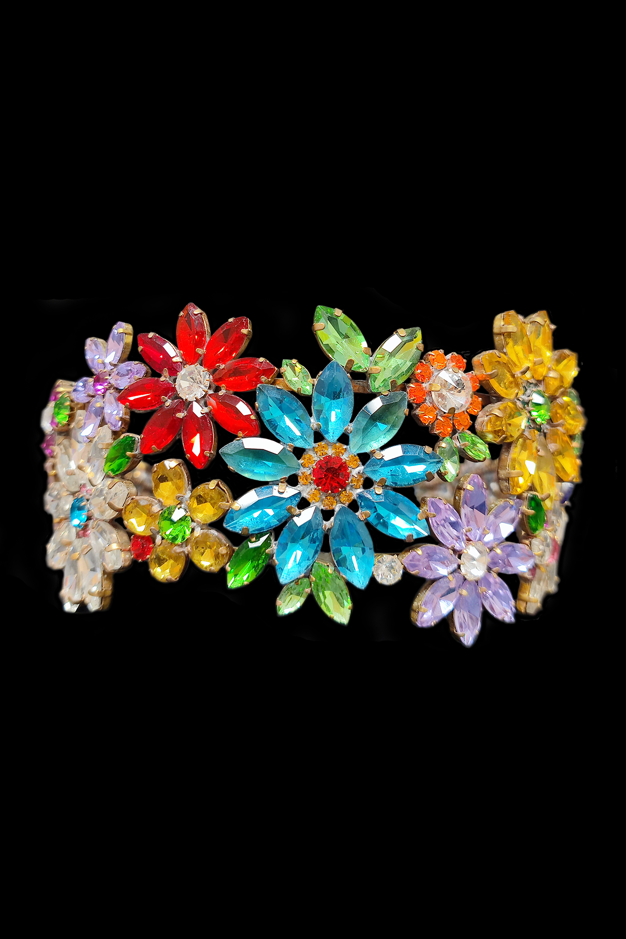 Handcrafted "True Love" headband with vibrant rhinestone floral design. True Love headband: Colorful rhinestone flowers by R. Matous