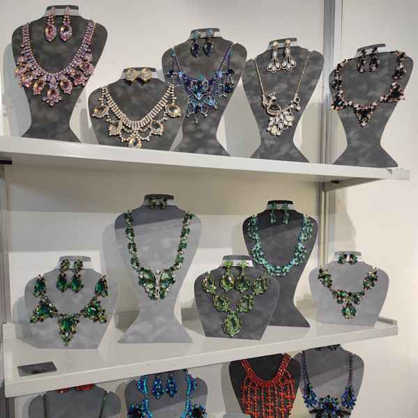 A close-up view of exquisite rhinestone necklaces showcased at the Inhorgenta exhibition.