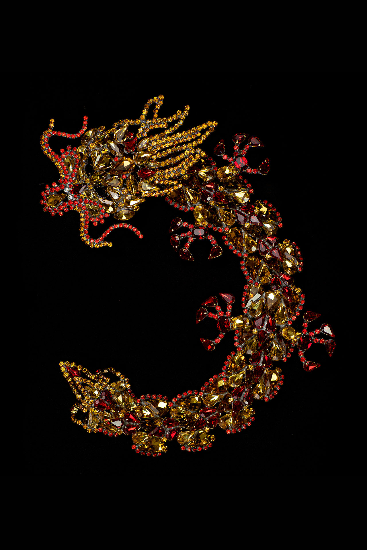 Handmade rhinestone brooch with a yellow Chinese dragon