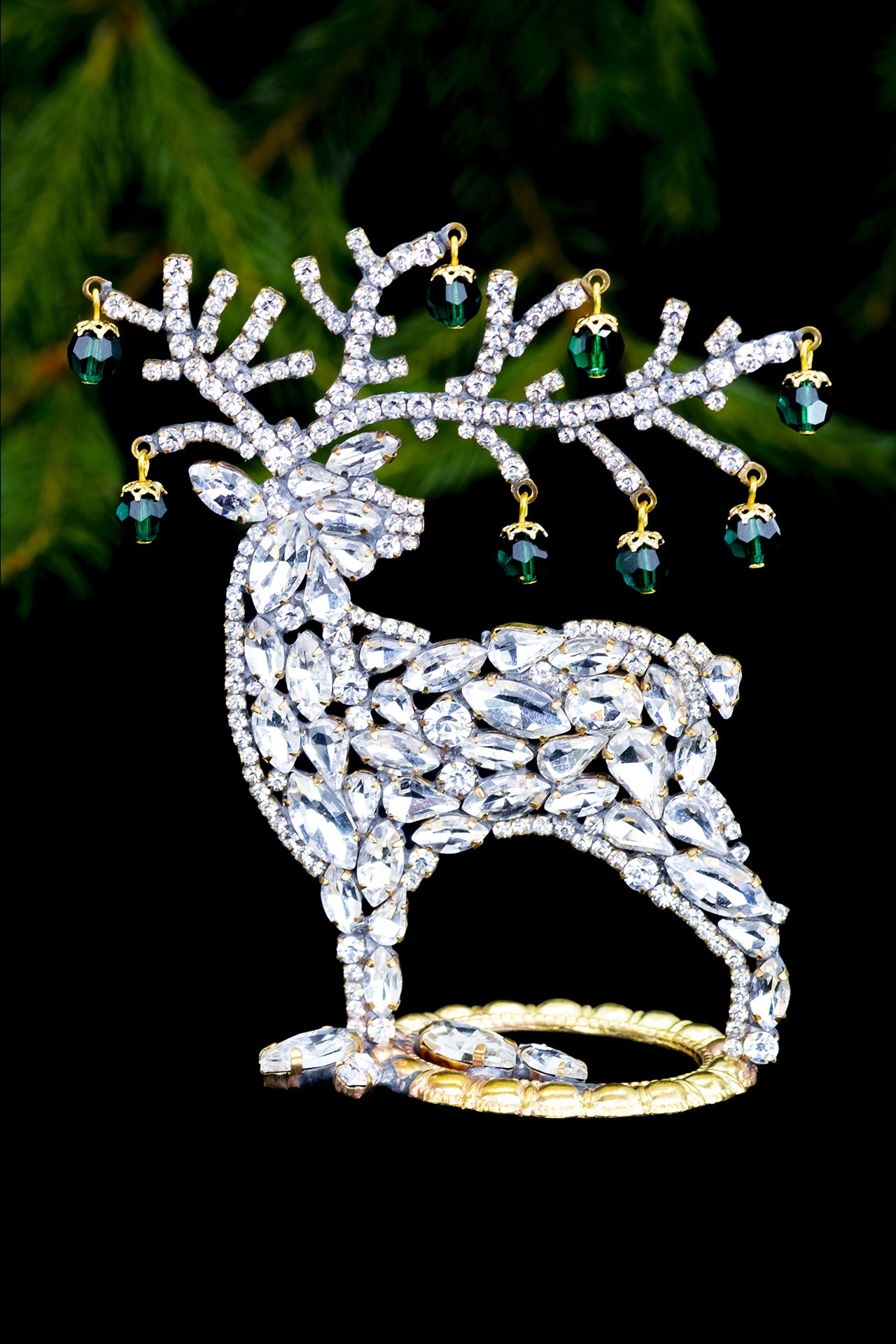 Christmas decoration - Reindeer with clear and green rhinestones