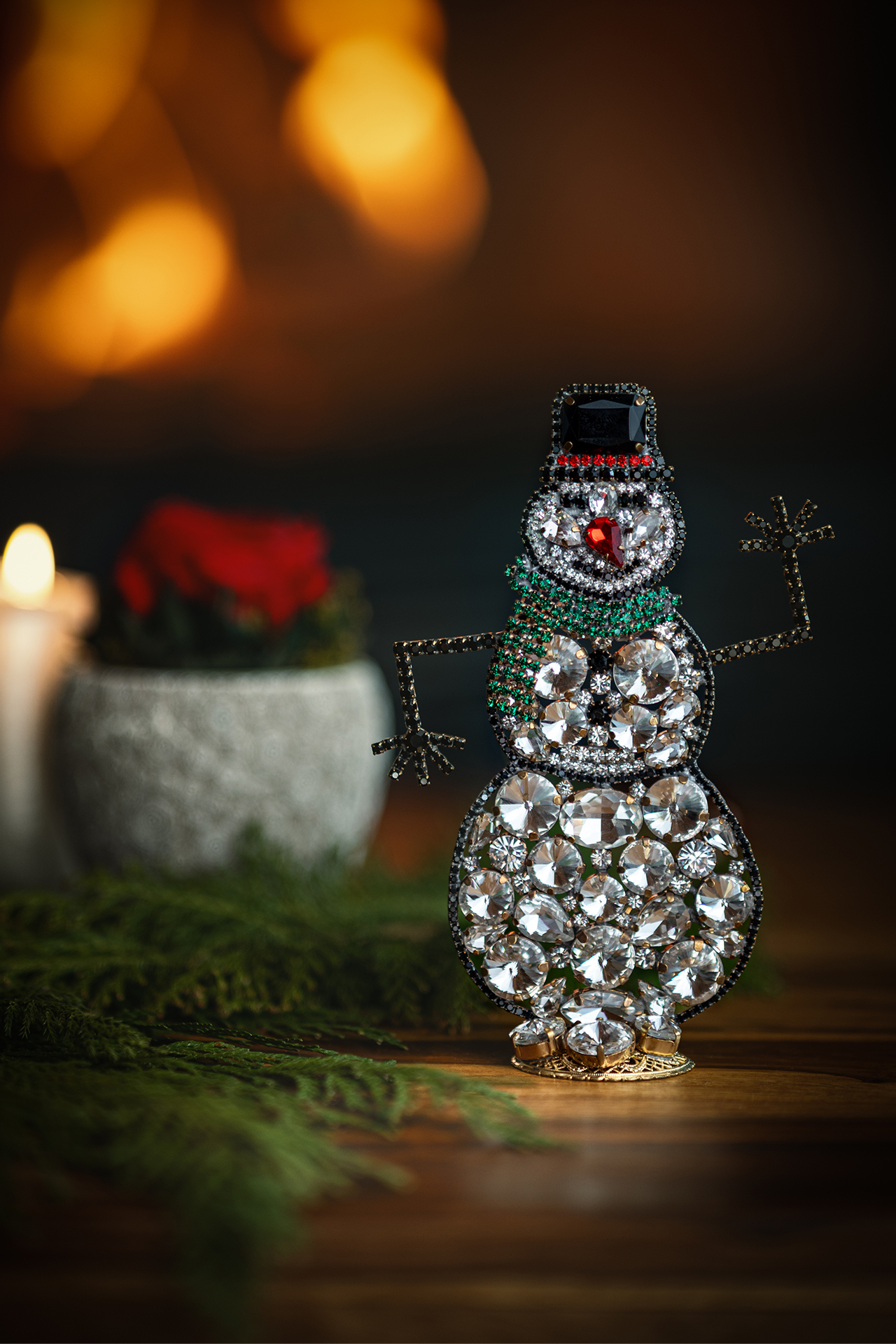 Handmade playful rhinestone snowman figurine