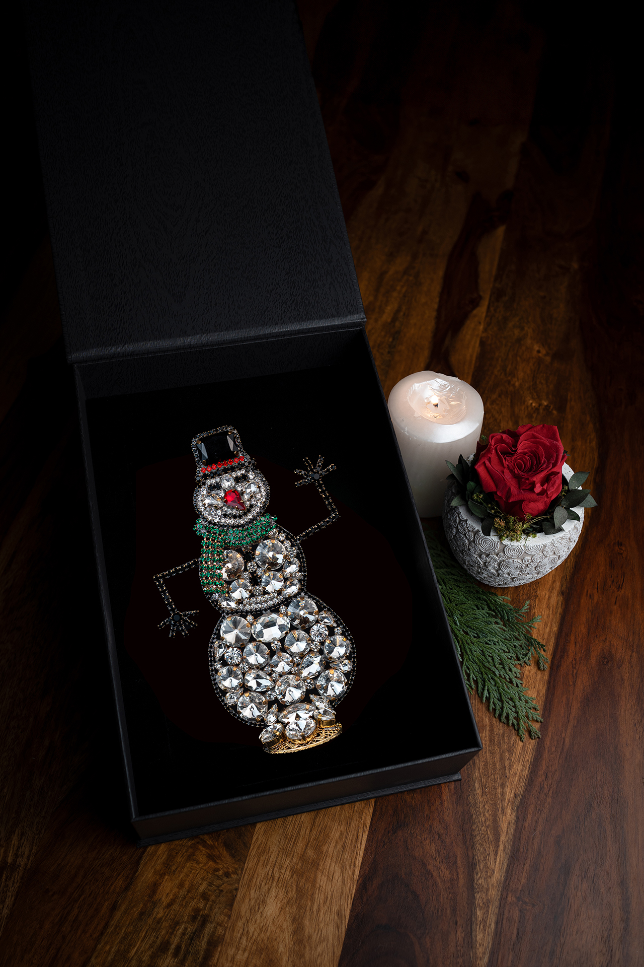 Handmade playful rhinestone snowman figurine