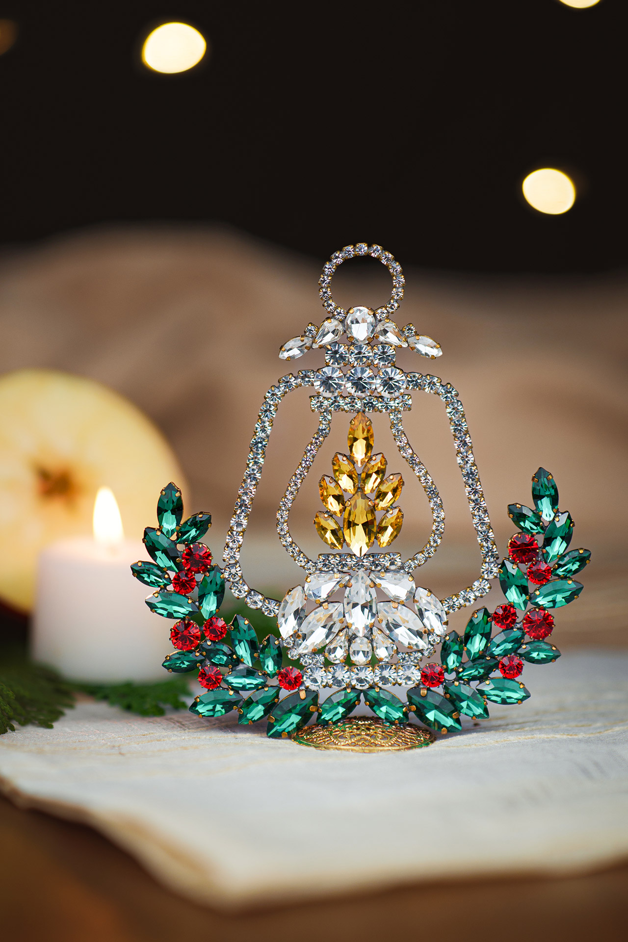 Medium light up Christmas lantern with an evergreen base