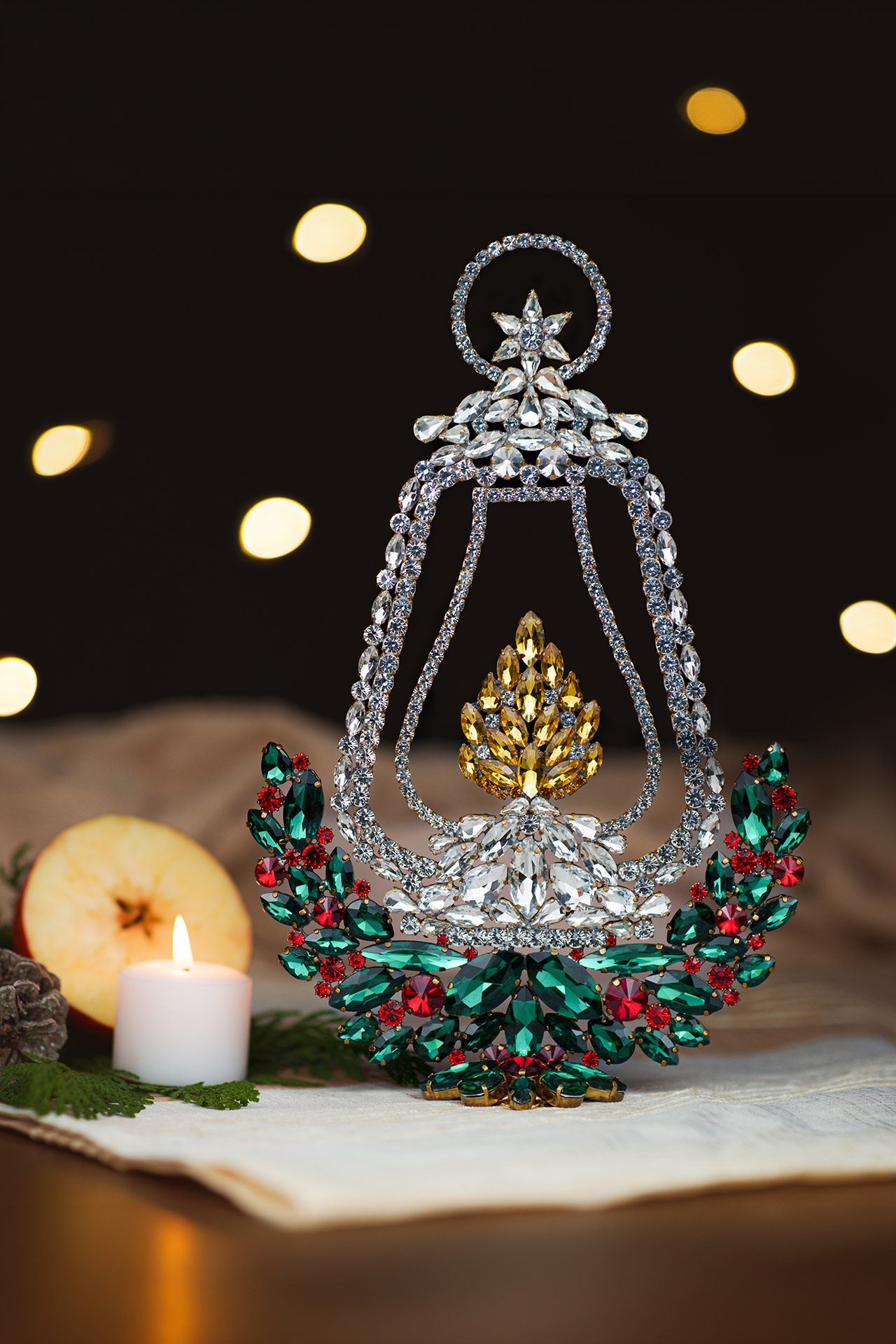 Rhinestone Large Christmas Lantern with Evergreen Base Large light up Christmas lantern with an evergreen base