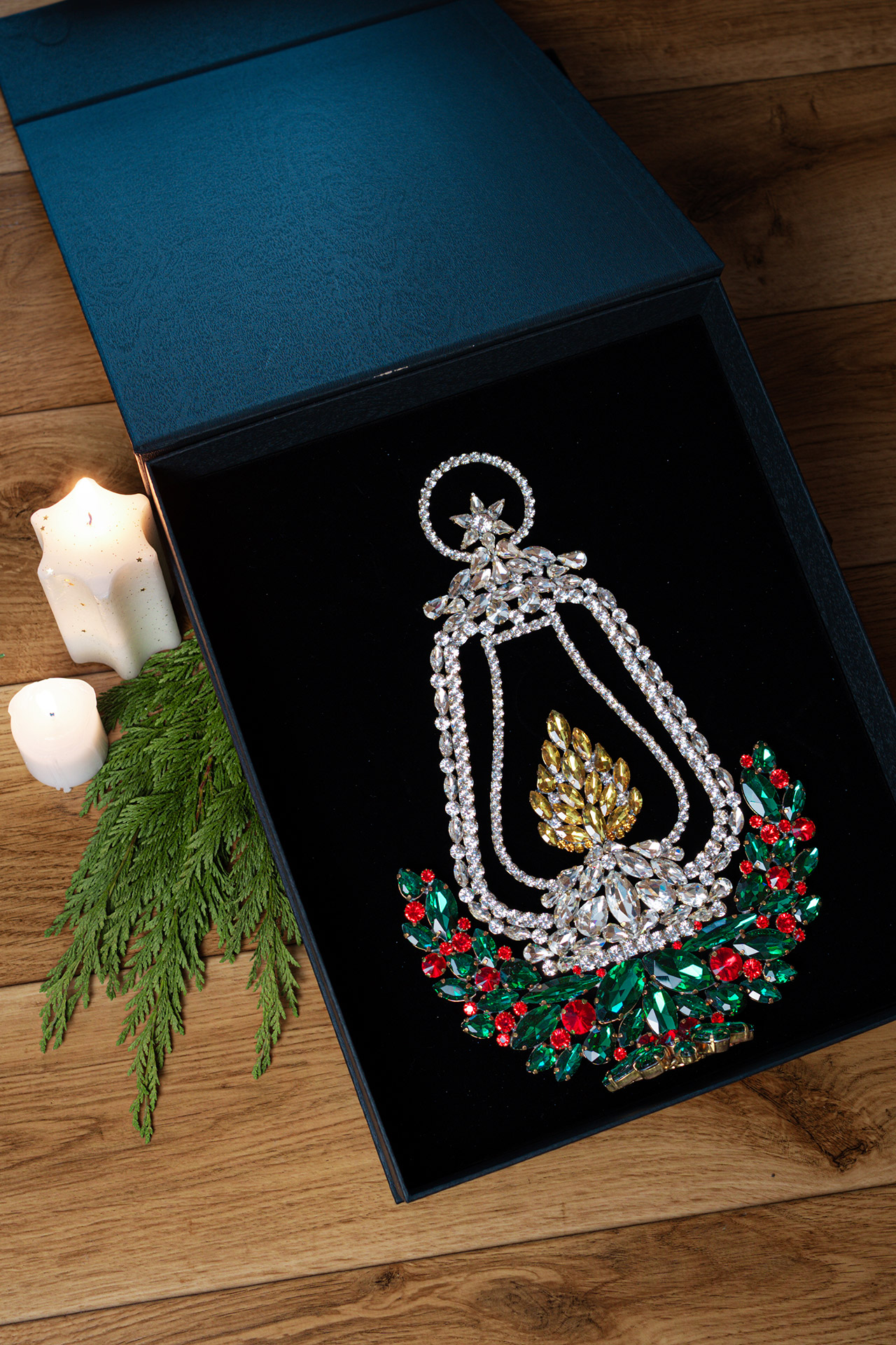 Rhinestone Large Christmas Lantern with Evergreen Base Large light up Christmas lantern with an evergreen base