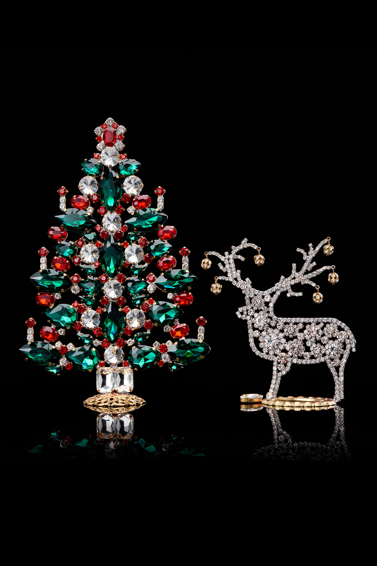 Festive table top Vintage Christmas tree and clear reindeer