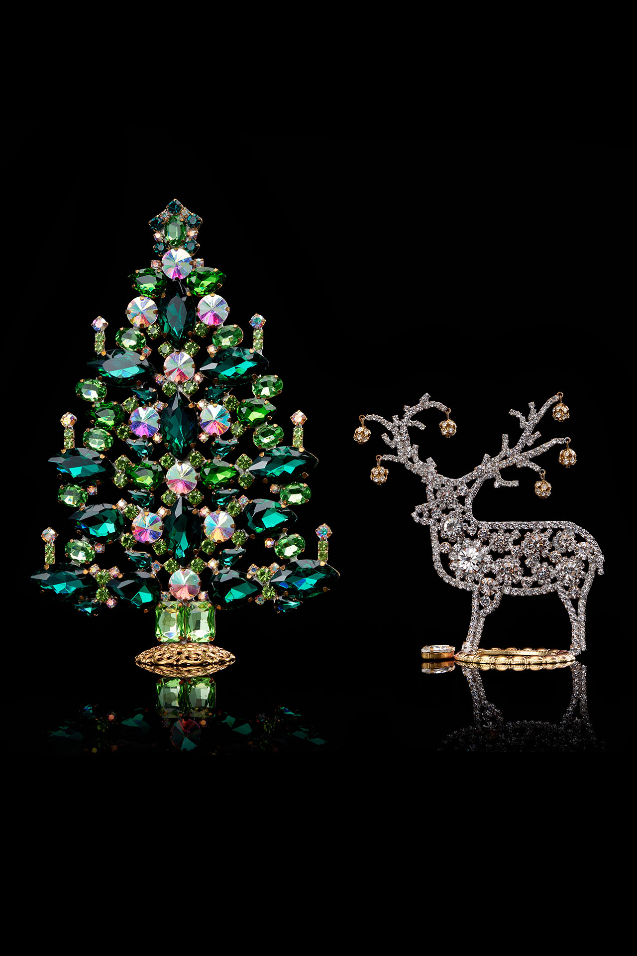 Emerald table top Vintage Christmas tree and clear reindeer