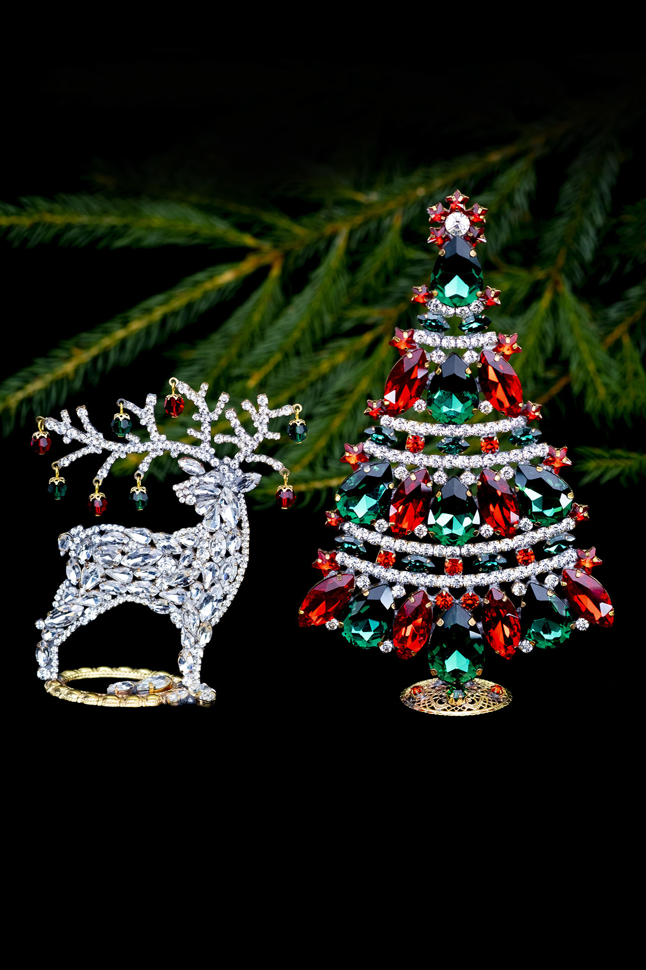 Festive table top Vintage Christmas tree and clear reindeer