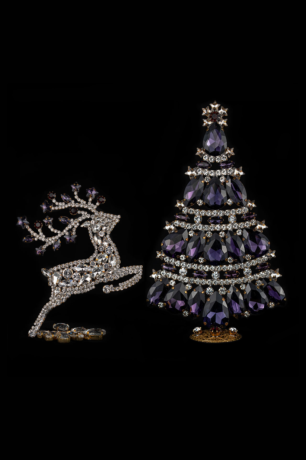 Christmas tree and reindeer from clear and purple rhinestones