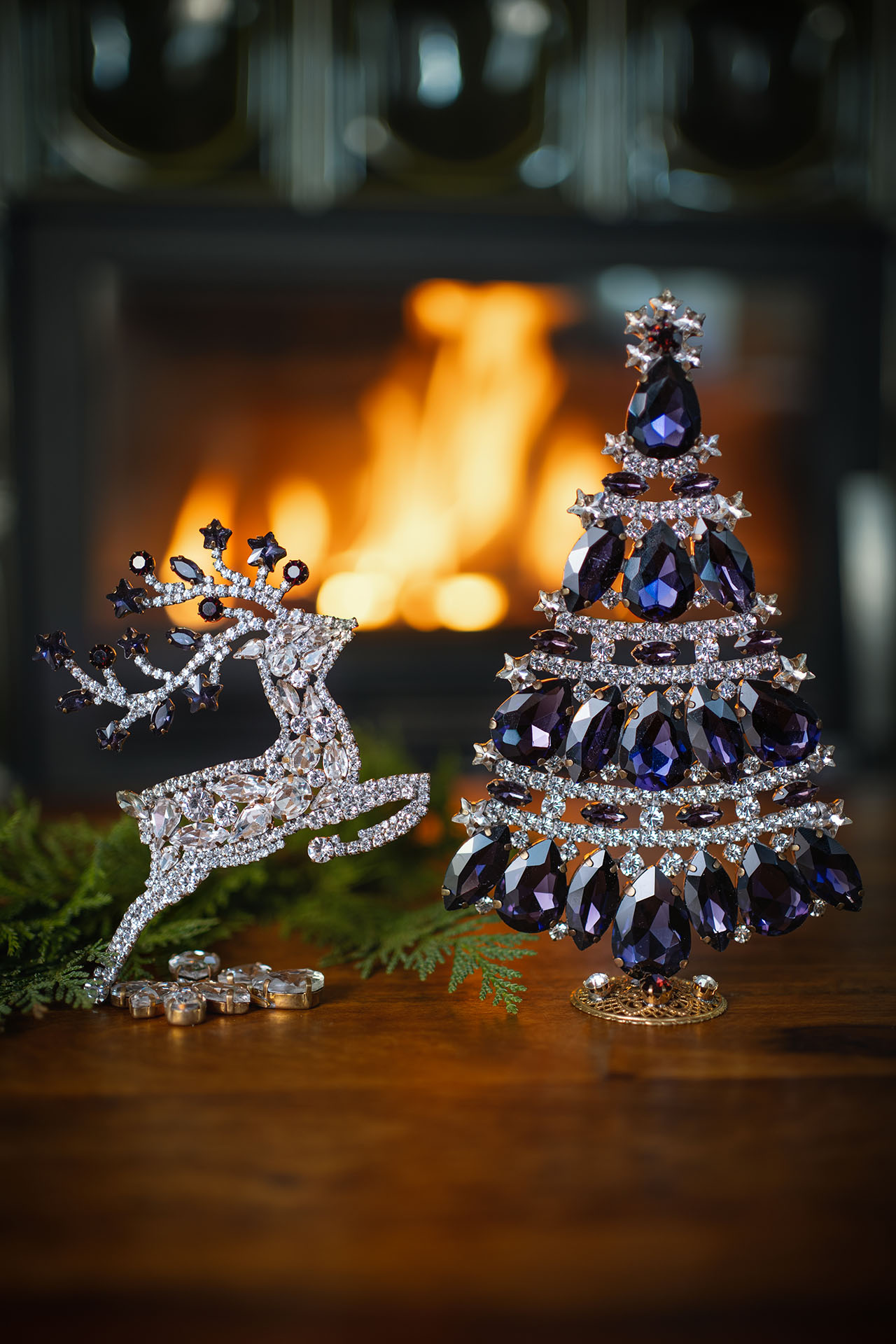 Christmas tree and reindeer from clear and purple rhinestones
