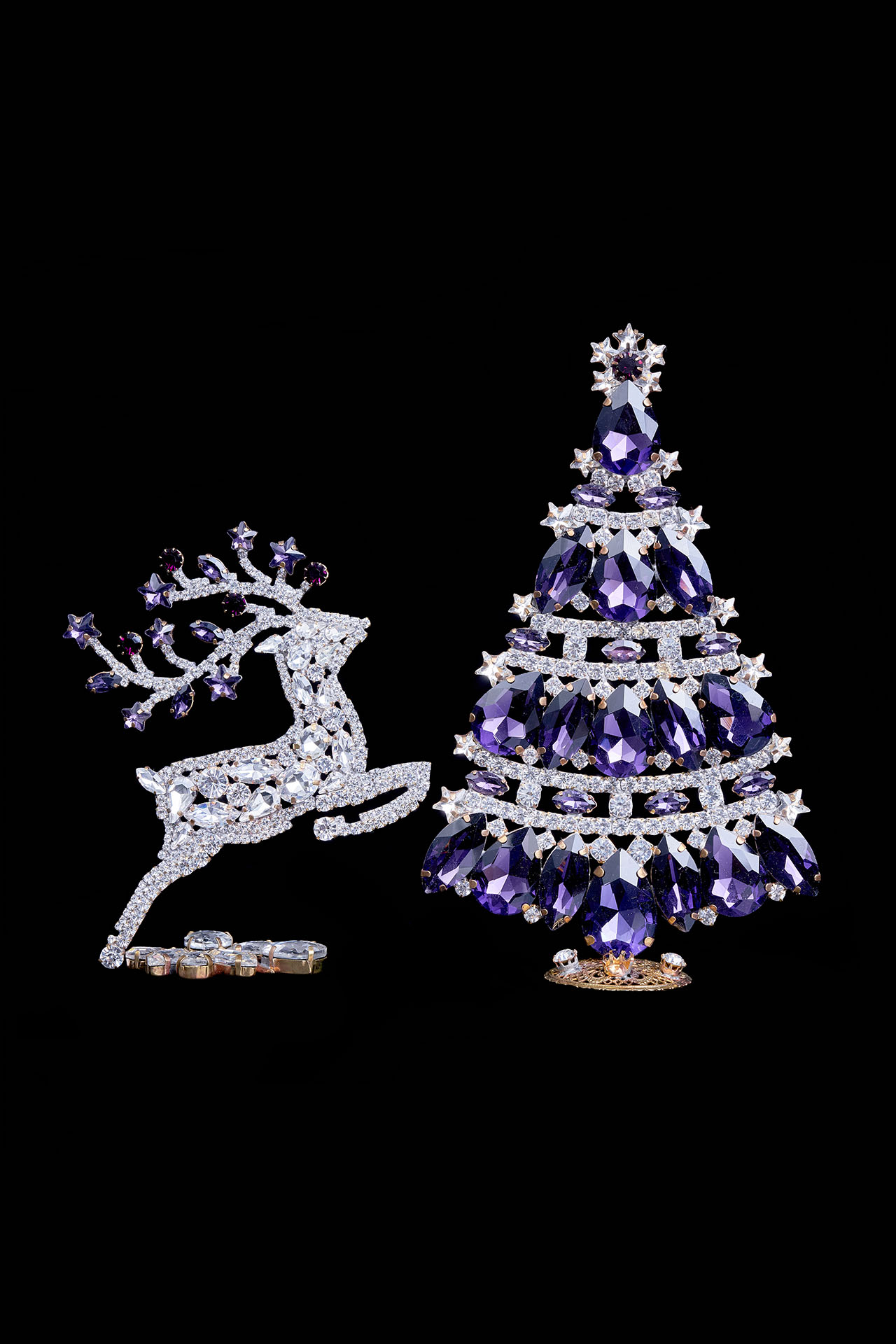 Christmas tree and reindeer from clear and purple rhinestones