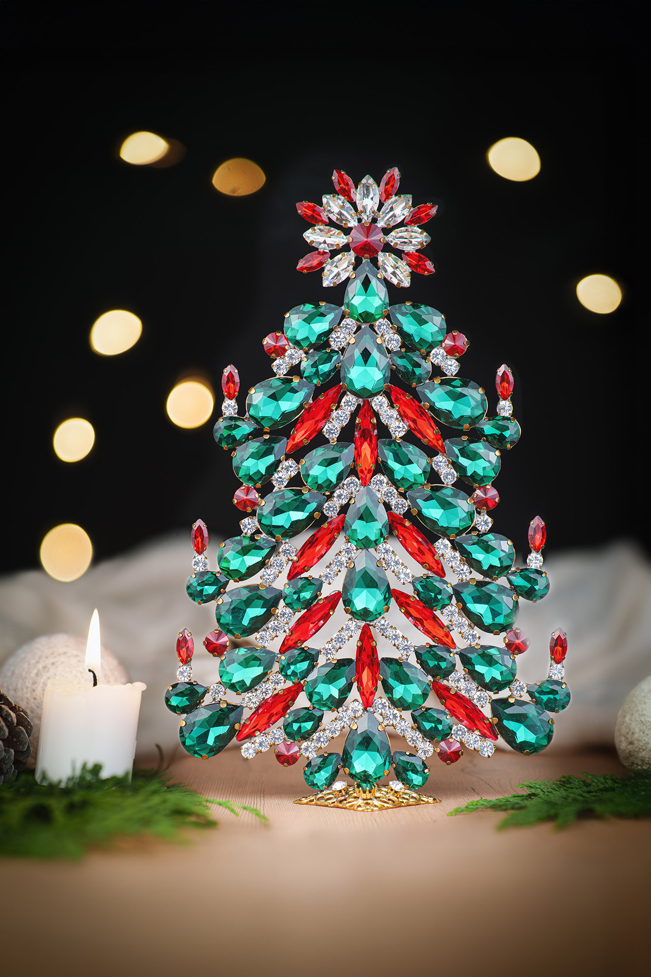 Festive tabletop christmas tree with red, green and clear rhinestones