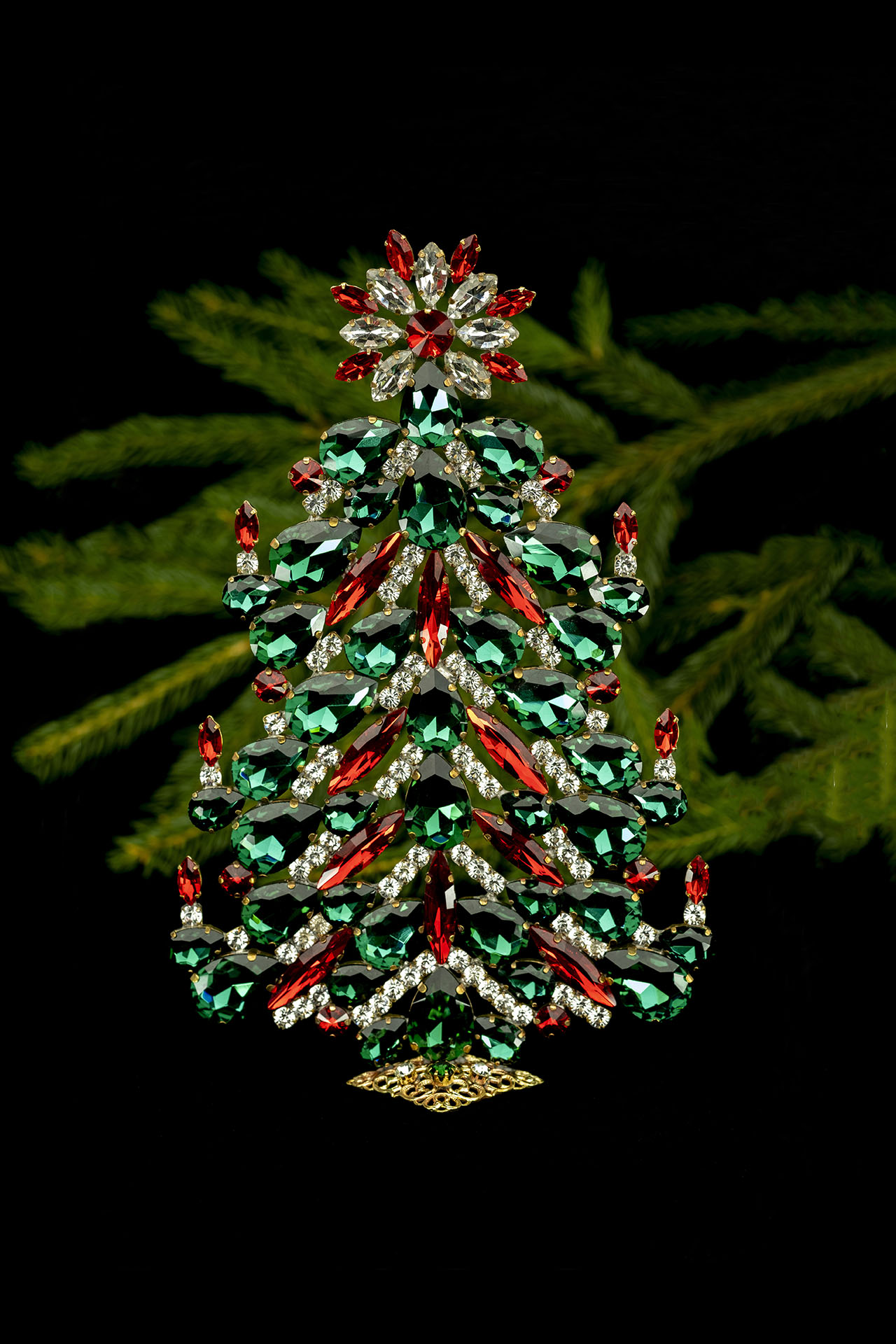 Festive tabletop christmas tree with red, green and clear rhinestones