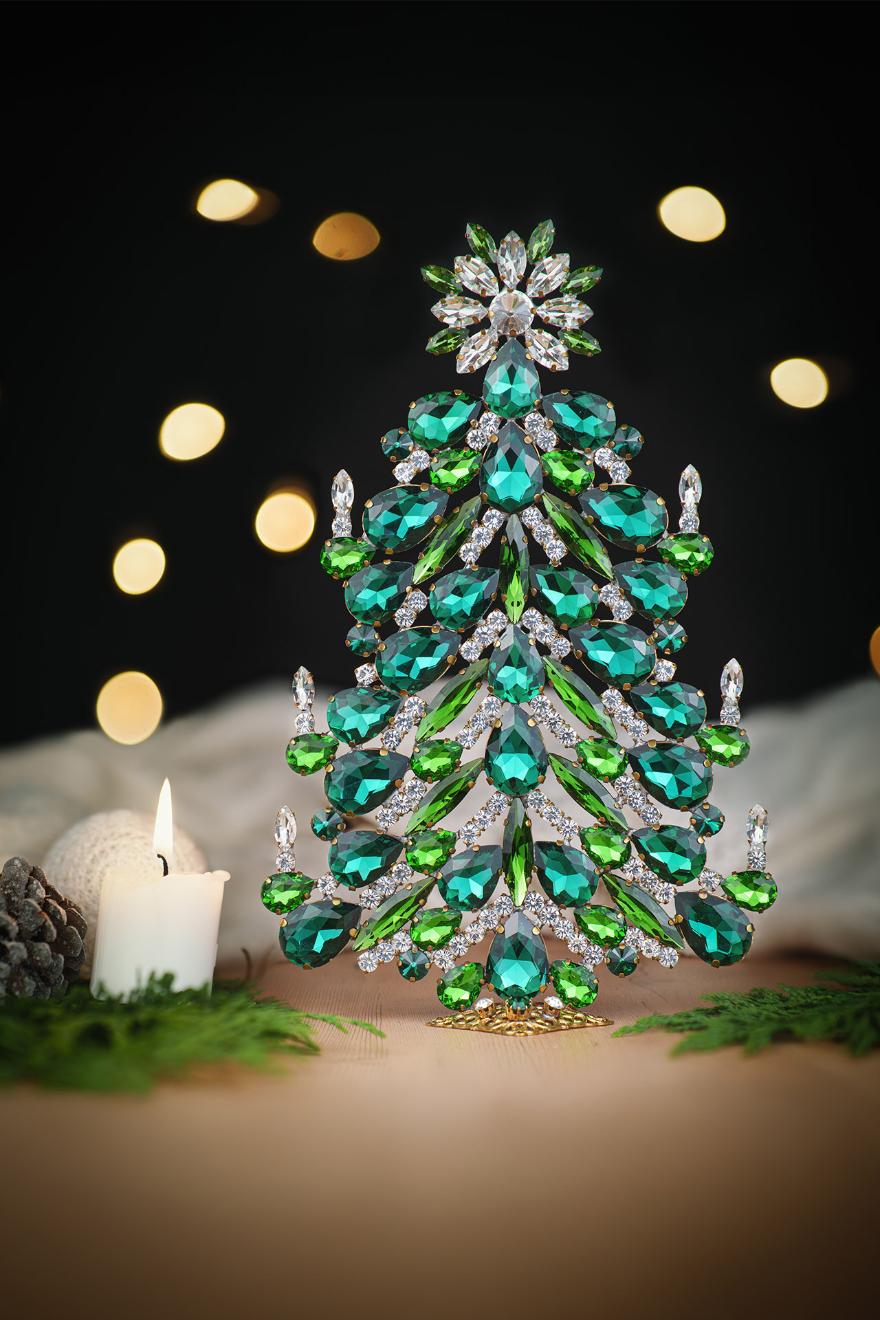 festive tabletop christmas tree - With blue and green rhinestones