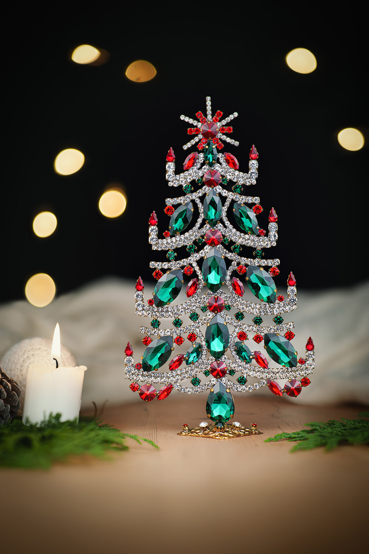 Bethlehem table top christmas tree handcrafted with clear, red and green rhinestones