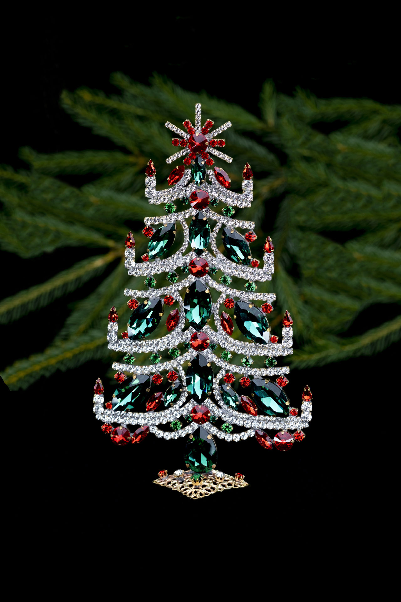 Bethlehem table top christmas tree handcrafted with clear, red and green rhinestones