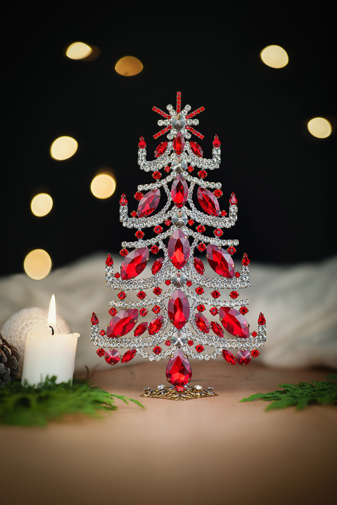 Bethlehem table top christmas tree handcrafted - with clear and red rhinestones