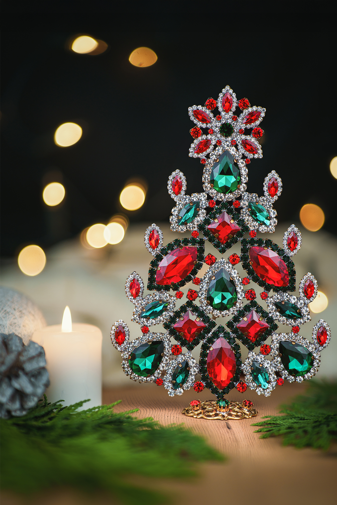 Vintage christmas tree - Handcrafted with red and green rhinestones