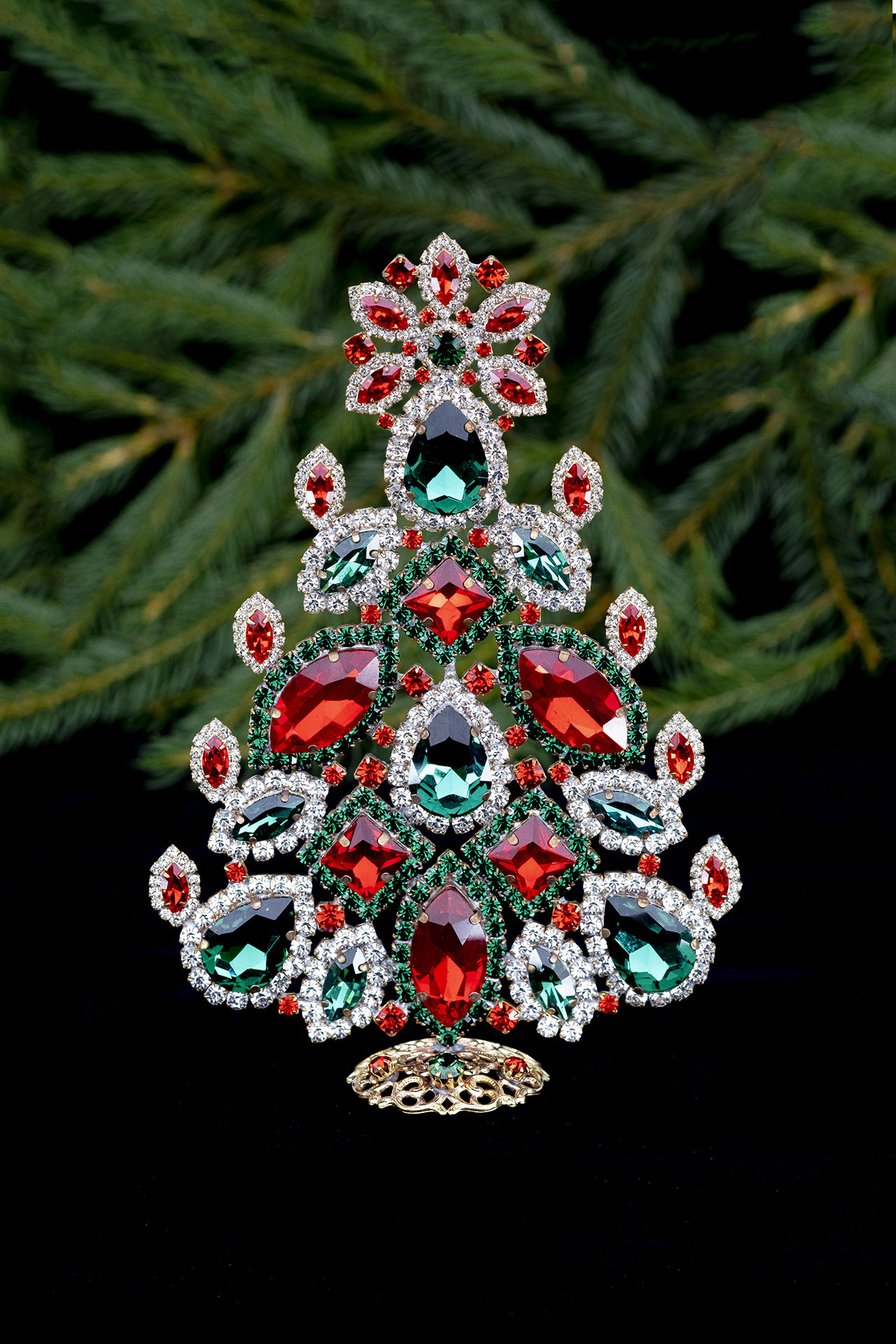 Vintage christmas tree - Handcrafted with red and green rhinestones