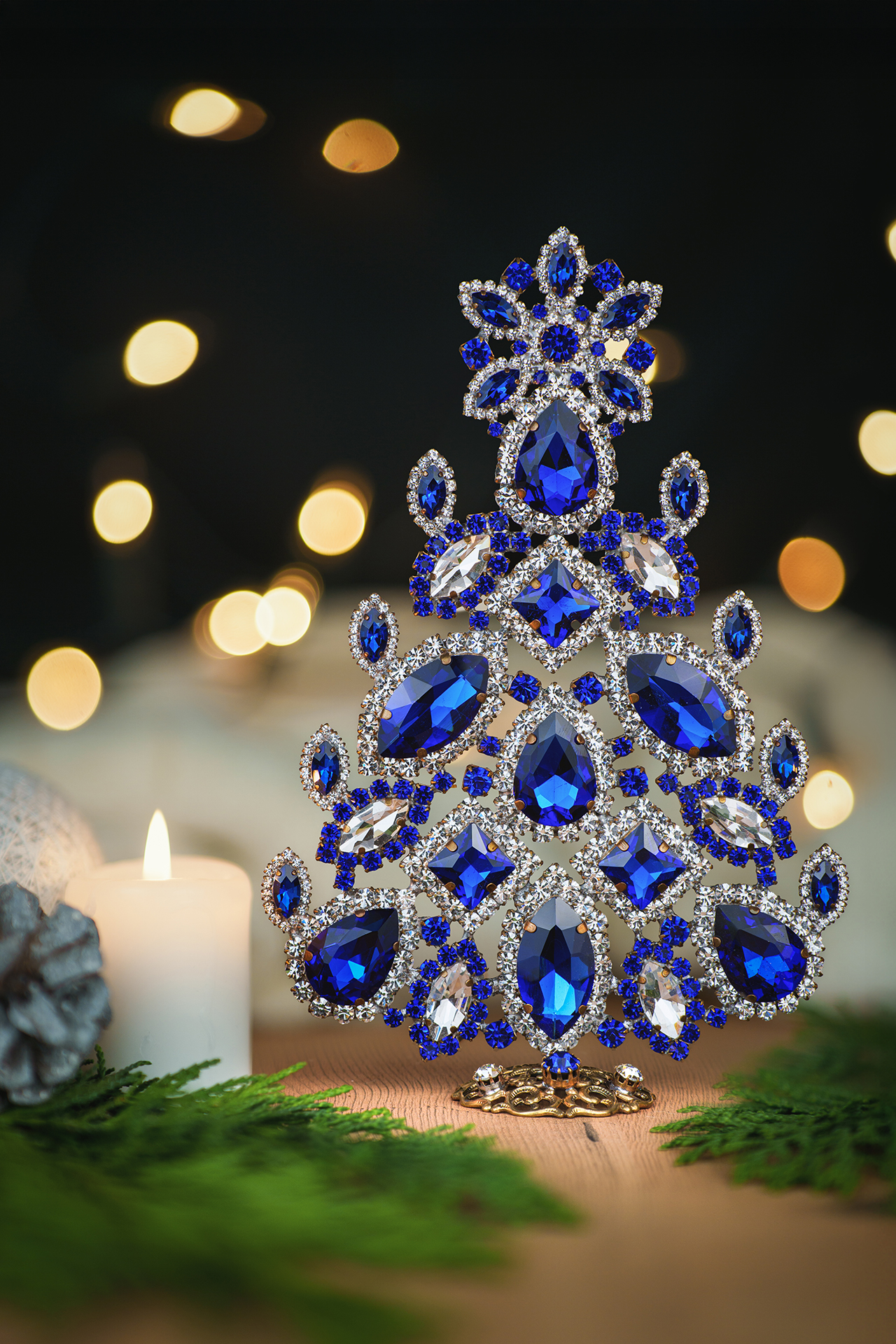Vintage christmas tree - Handcrafted with blue rhinestones
