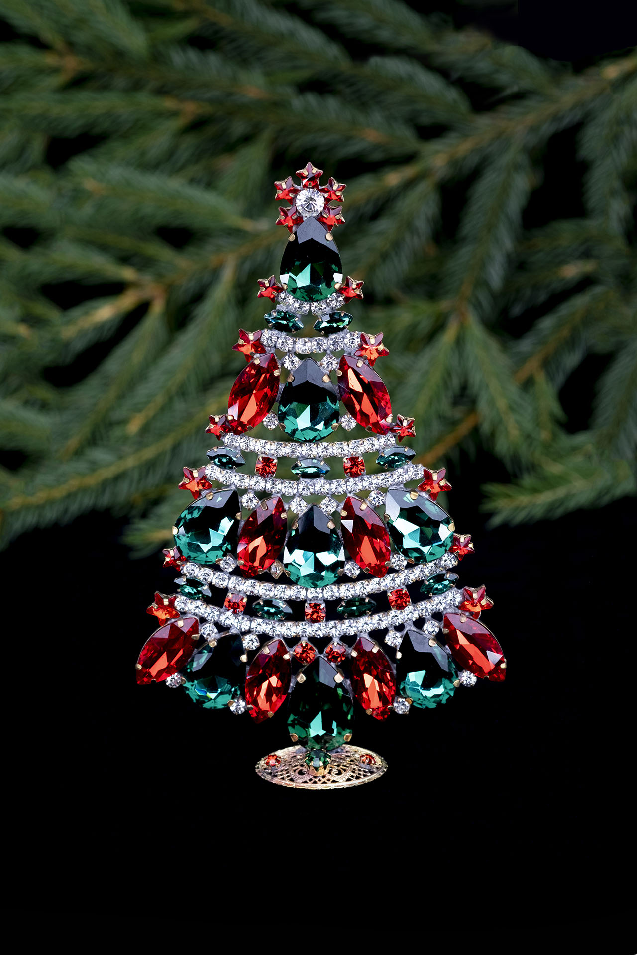 Pretty christmas tree - Handcrafted with red and green rhinestones