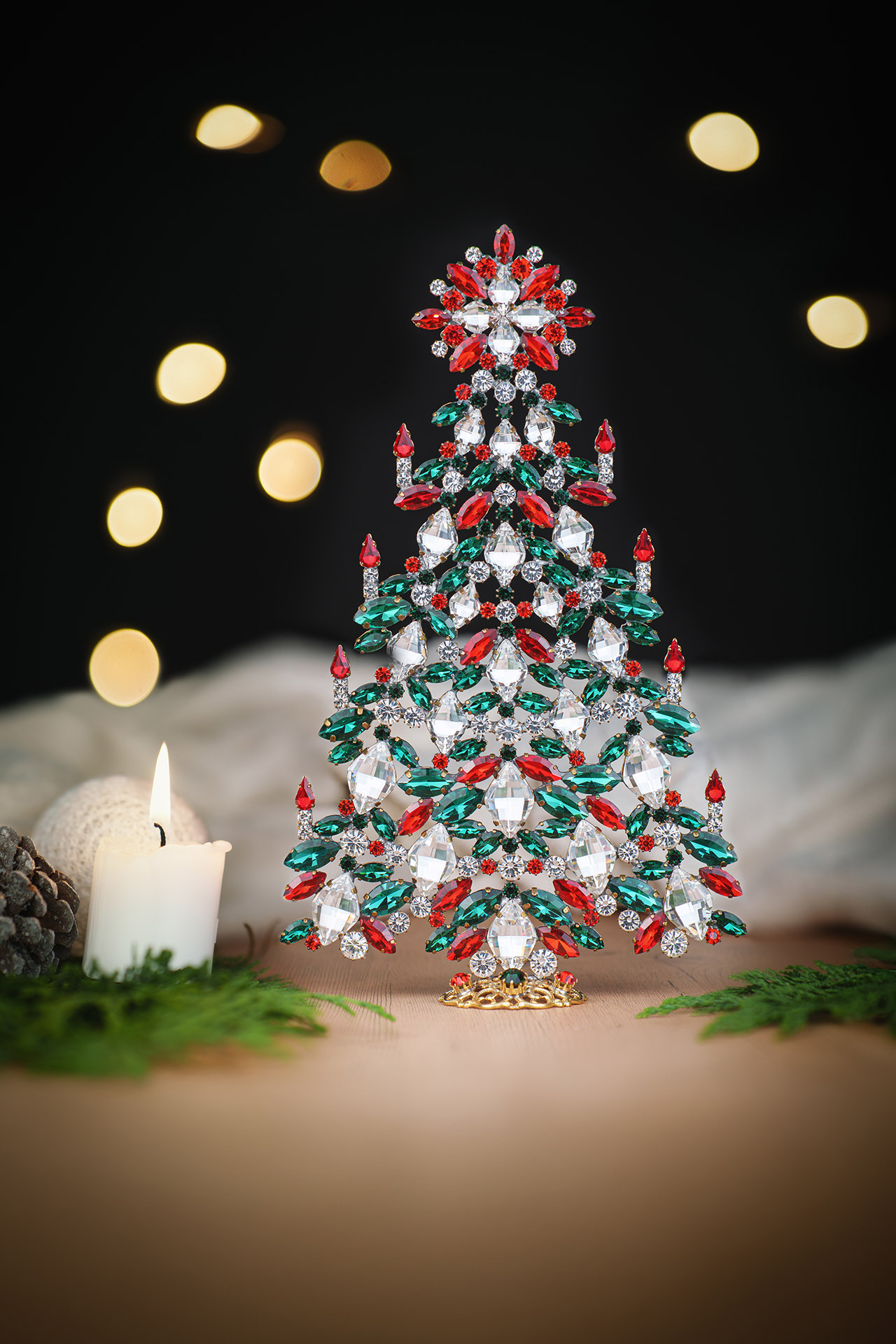 Tabletop christmas tree handcrafted - With red and green rhinestones
