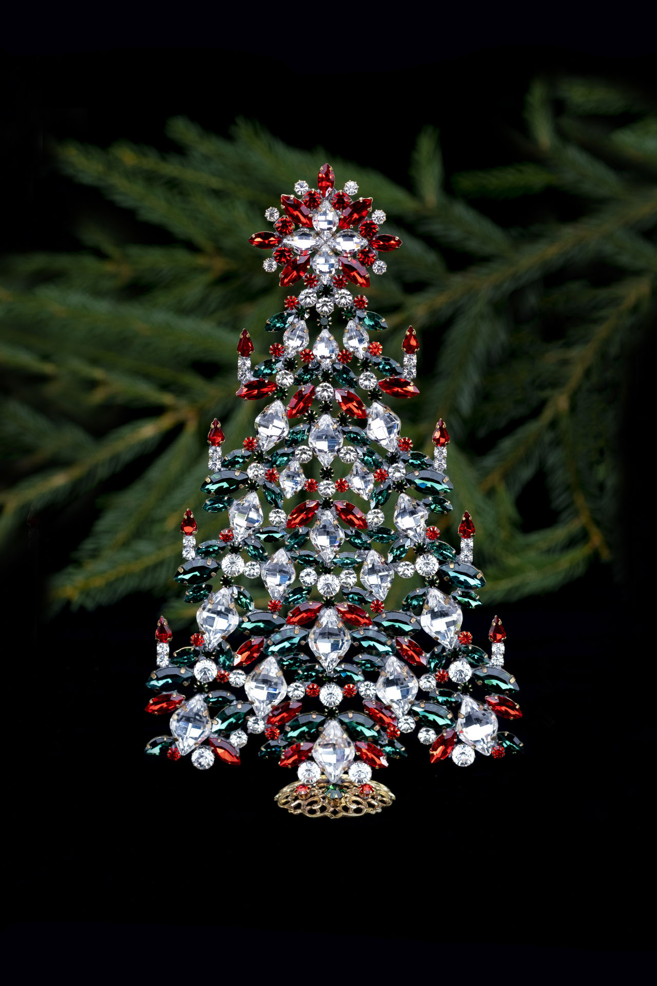 Tabletop christmas tree handcrafted - With red and green rhinestones