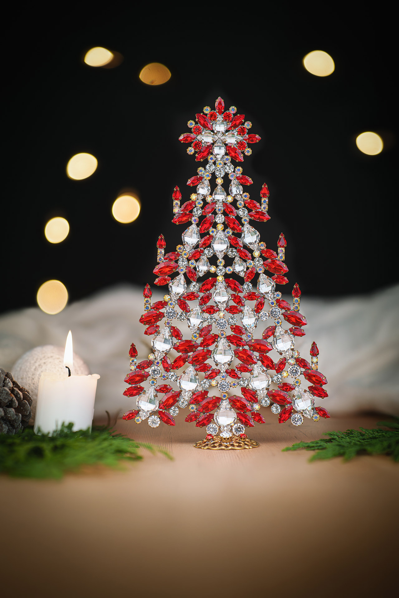 Tabletop christmas tree handcrafted - With red rhinestones