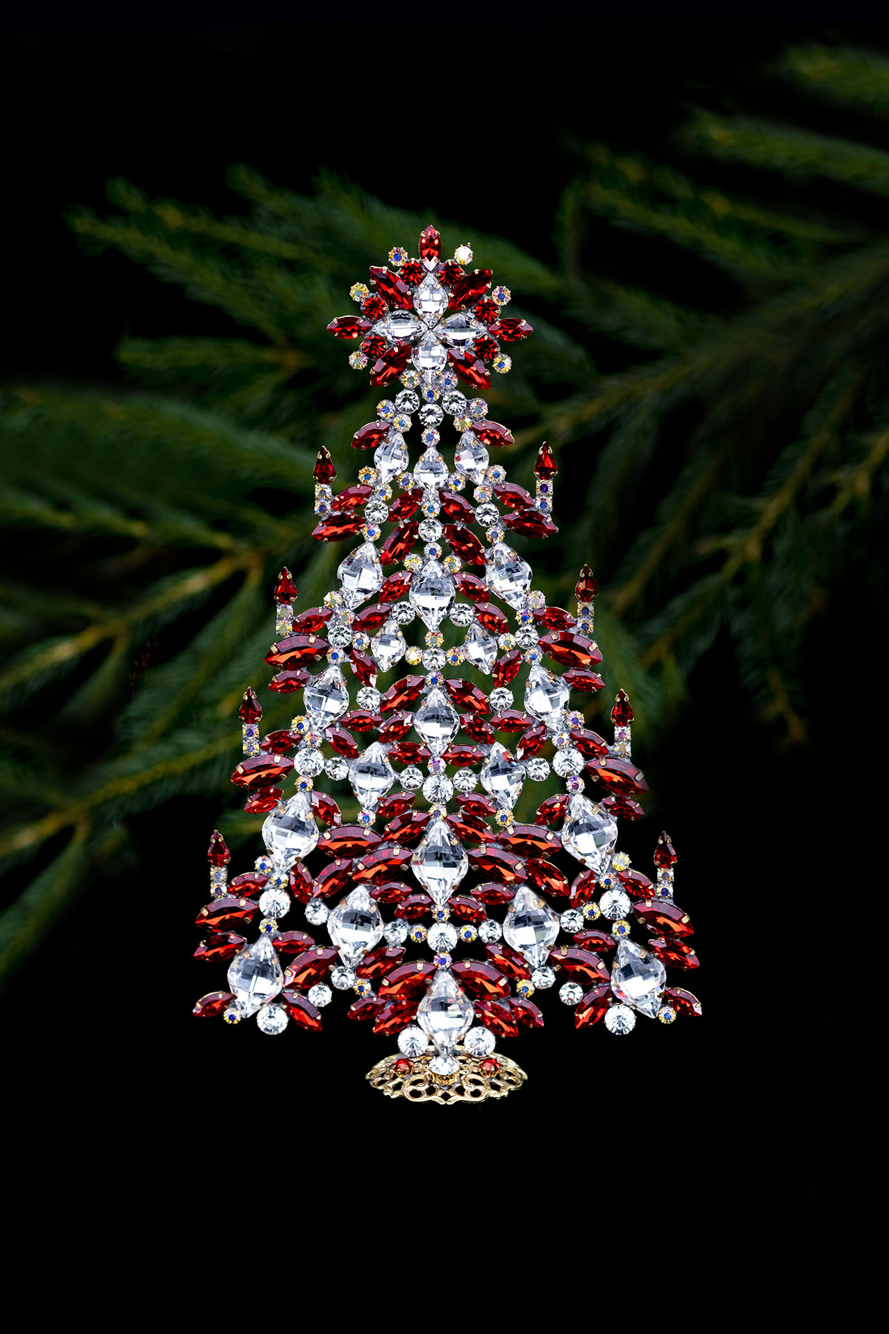 Tabletop christmas tree handcrafted - With red rhinestones