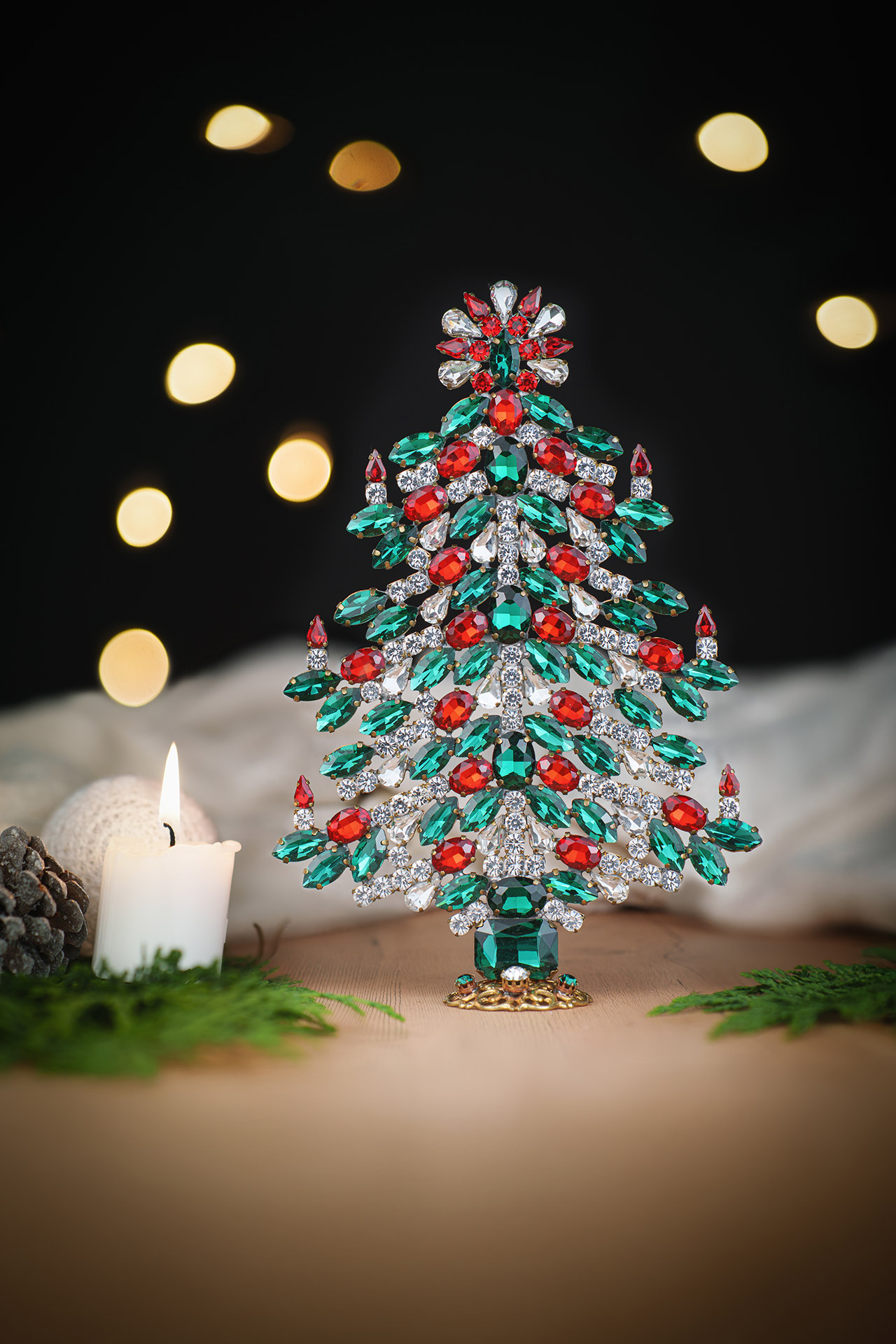 Handcrafted colored Christmas tree - with green, clear, red crystals
