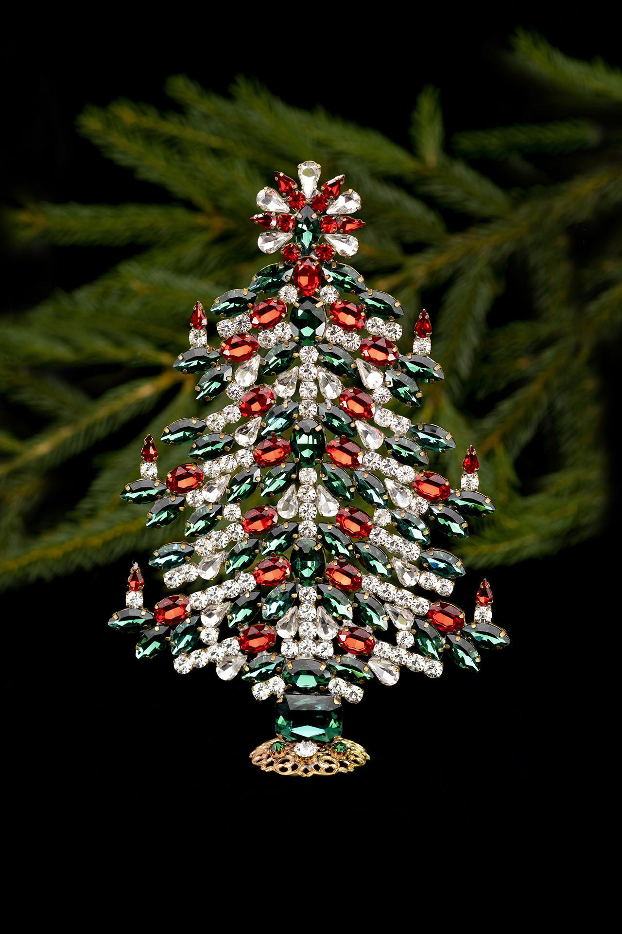 Handcrafted colored Christmas tree - with green, clear, red crystals