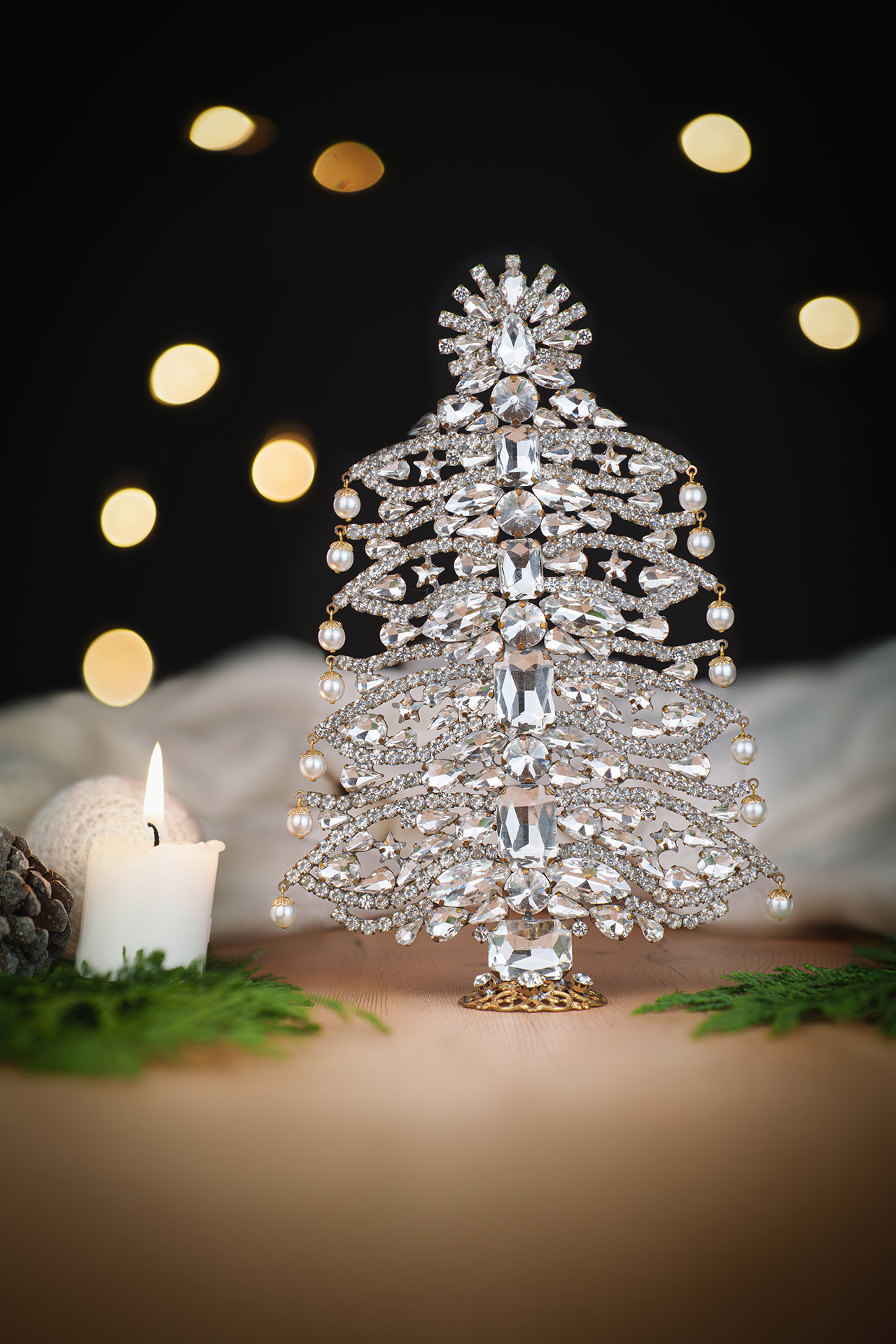 Decorative tabletop vintage Xmas tree - handcrafted with clear crystals