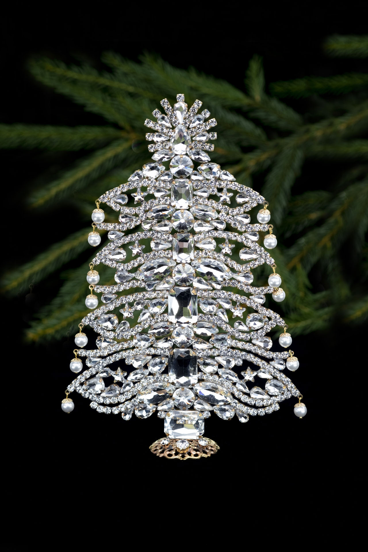 Decorative tabletop vintage Xmas tree - handcrafted with clear crystals