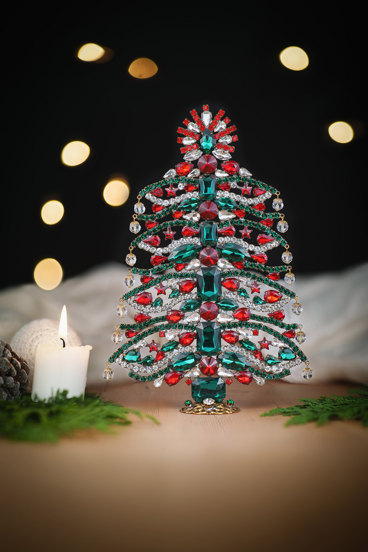 Decorative table top Xmas Tree - handcrafted with colored rhinestones