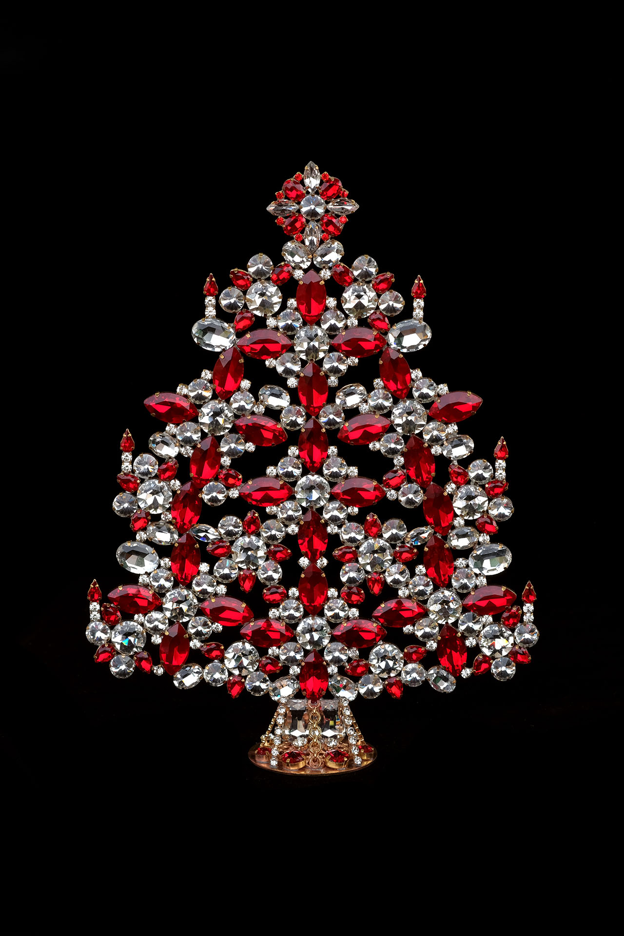 Vintage Czech tabletop Xmas tree with red glass ornaments