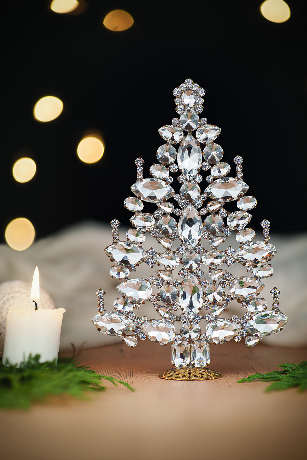 Czech handmade Christmas tree - tabletop decoration with clear crystals